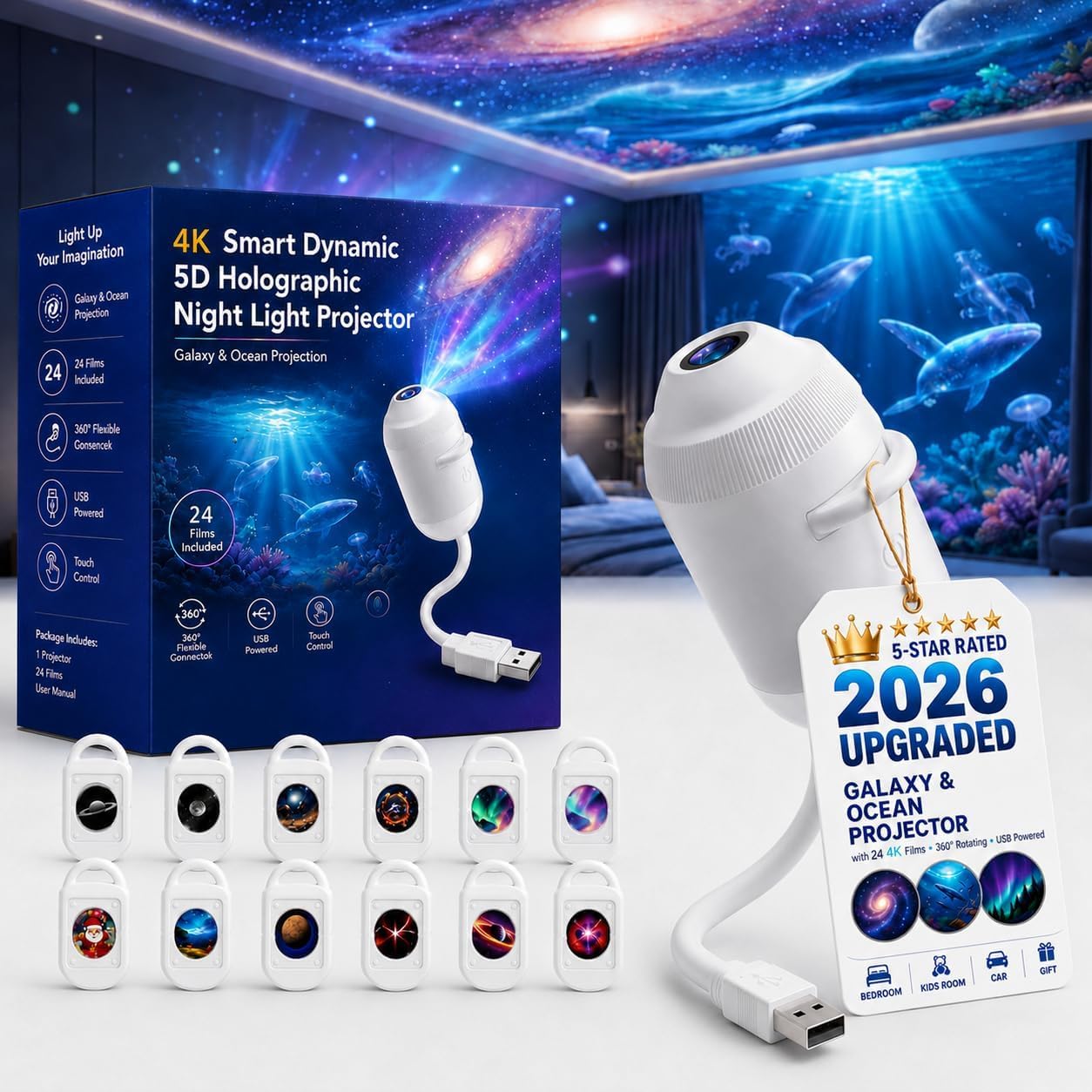 Pealeaf 5D Holographic Night Light Projector, Plug and Play Galaxy Star Projector with 24 Films, Ocean Ceiling Light USB Powered for Bedroom Kids Room Gaming Room and Gift (12PCS)