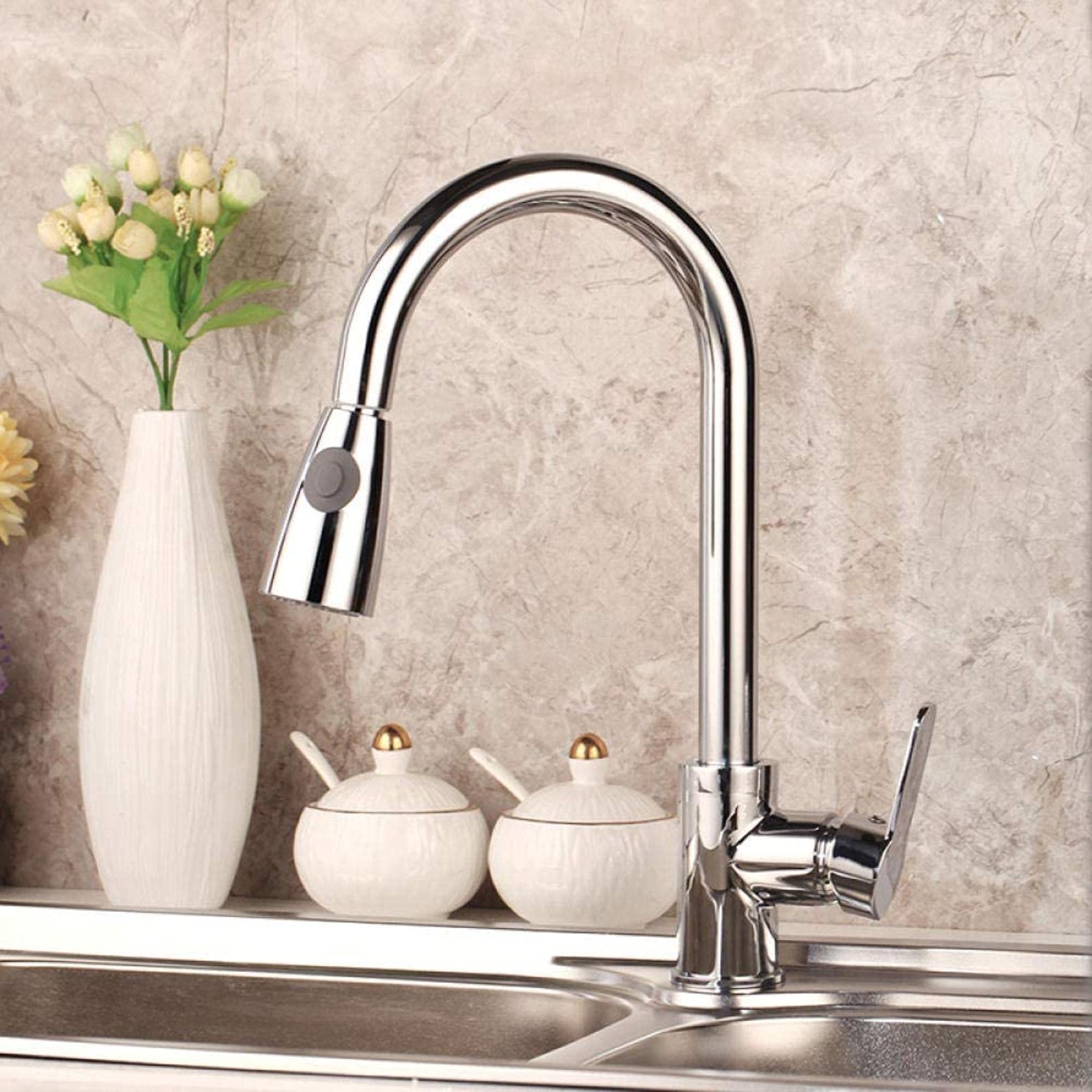 Mitigeur évier pivotant 360 et robinet cuisine extractible double jet chrome
