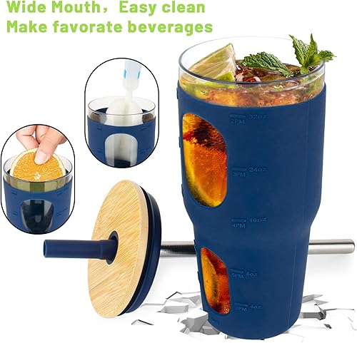 Miniatura 9 de Tronco Vaso de 32 onzas con popote y tapa, vaso de vidrio reutilizable con marcador de tiempo, funda de silicona, se adapta a portavasos y sin BPA