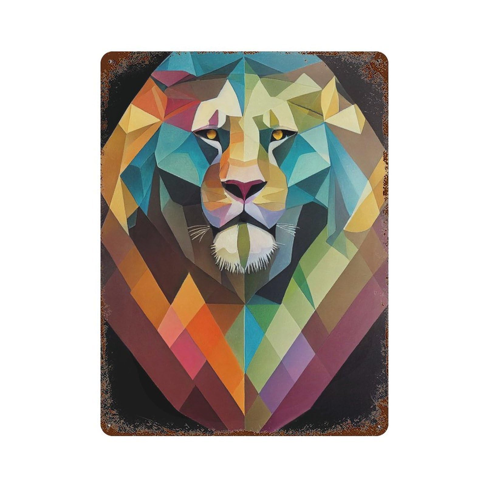 Geometric Lion Aged Metal Wall Plaque 15.7"x11.8", Industrial Home Decor for Pub, Kitchen And Man Cave Decor