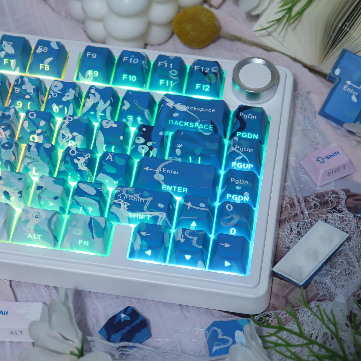 PBT Keycaps 128 Keys Pink Beach Keycaps, Double Shot Shine Through Side Printed Keycap, Cherry Profile Dye Sub Keycap for Cherry MX Switch ISO QWERTZ Layout Meccanical Keyboard