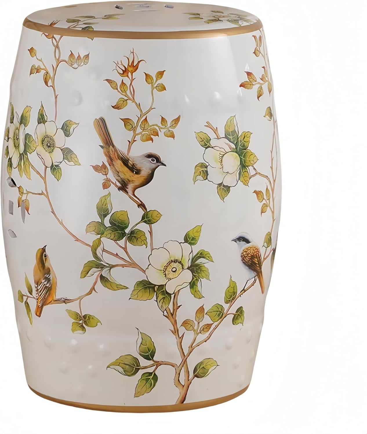 Flowers & Birds Garden Stool, Chinese Ceramic Drum Stool, Classic, Cottage, French Country, Traditional, Side Table (White)