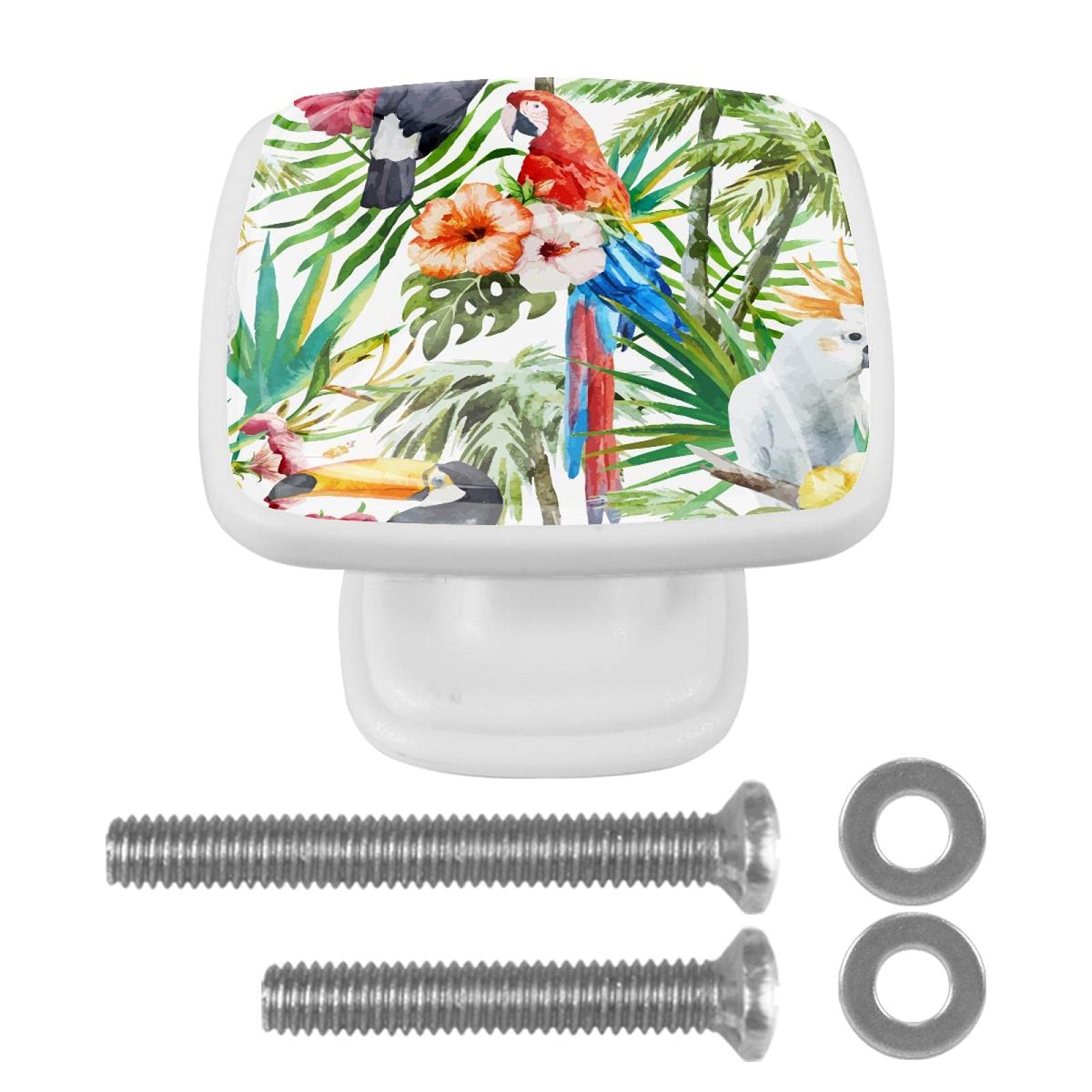 Bestideas Multi Watercolor Parrot Toucan Birds Floral Print Prints 30Mm Square Drawer Knobs 4Pcs Kitchen Cabinet Knob Handle Pulls For Cupboard Wardrobe Dresser Door Furniture Home Decor