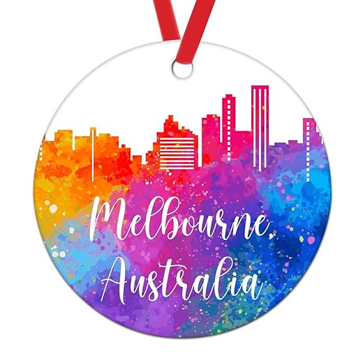 Swavecat Christmas Ornament Australia Melbourne Christmas Ceramic Ornament Gift for Traveler Friends Christmas Ornaments for Kids City Skyline Watercolor Holiday Decorative Ornament
