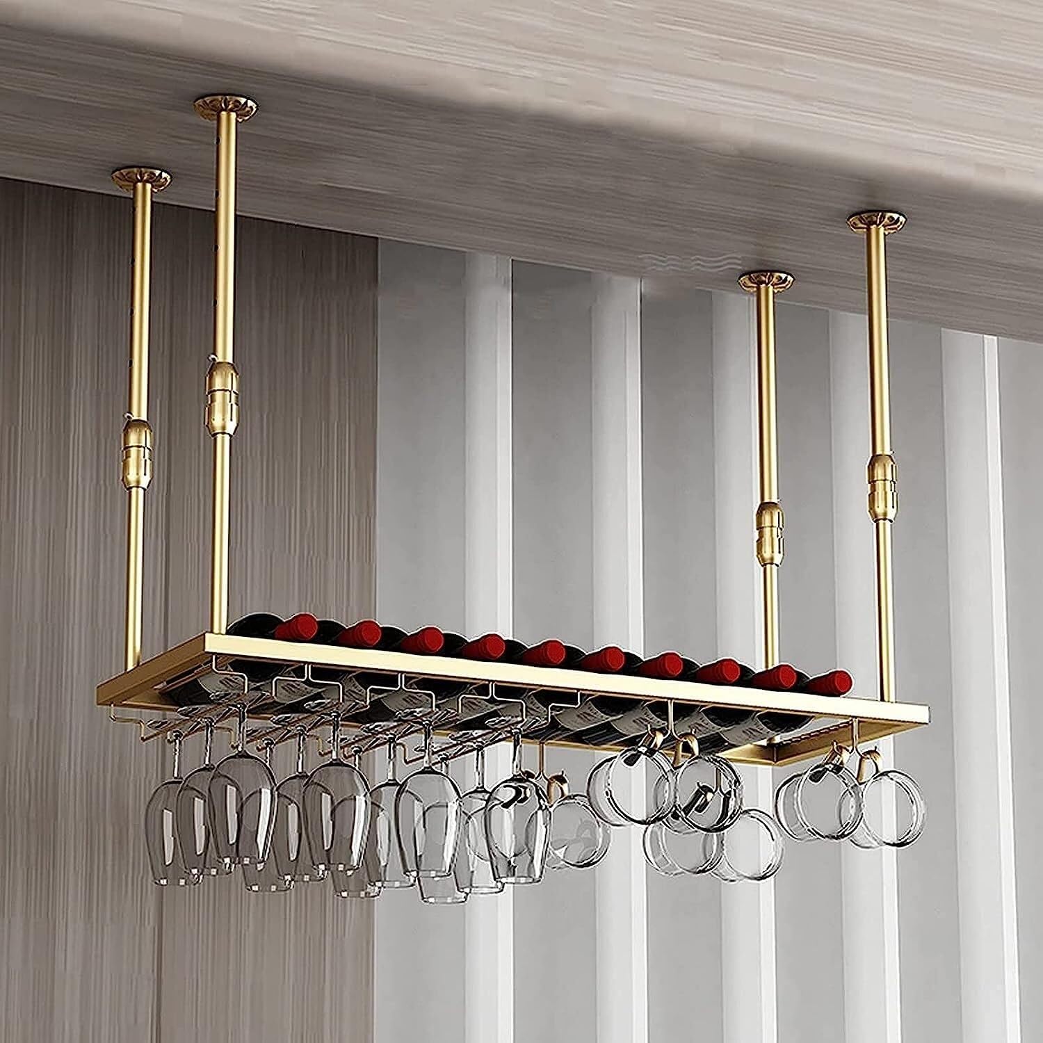Adjustable Ceiling Hanging Wine Glass Rack - Gold Wine Bottle Storage Shelf (100 * 30cm) for Home Bar Kitchen and Dining Room - Stylish Wine Glass