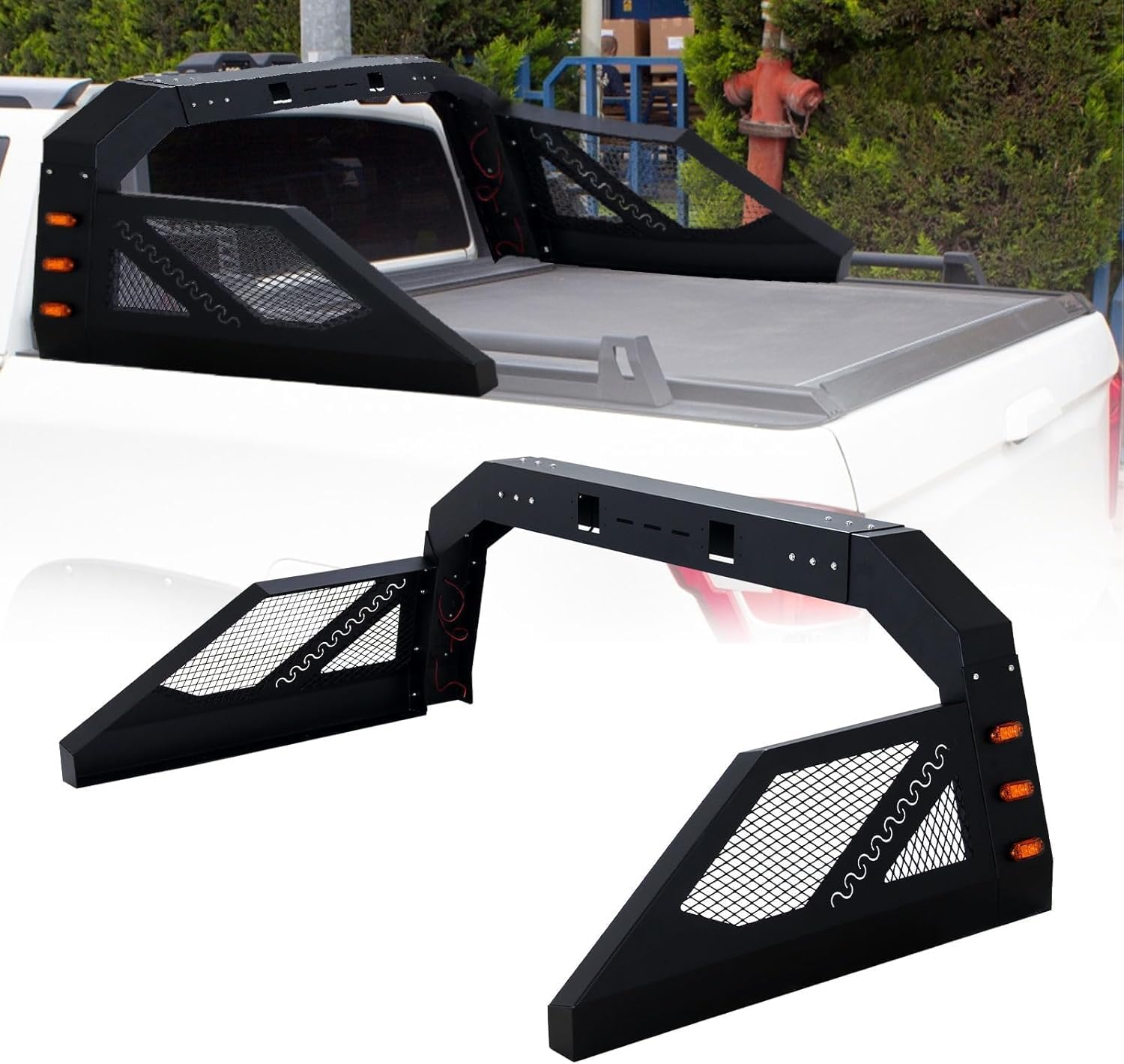 Universal Truck Bed Chase Rack Roll Bar, Adjustable Roll Bars with 6 Amber Side Marker Lamps, Universal Fit for Pickup Trucks, Toyota Tundra, Black