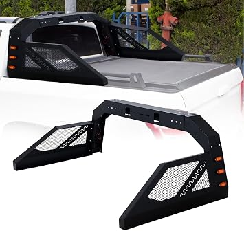 Universal Truck Bed Chase Rack Roll Bar, Adjustable Roll Bars with 6 Amber Side Marker Lamps, Universal Fit for Pickup Trucks, Toyota Tundra, Black