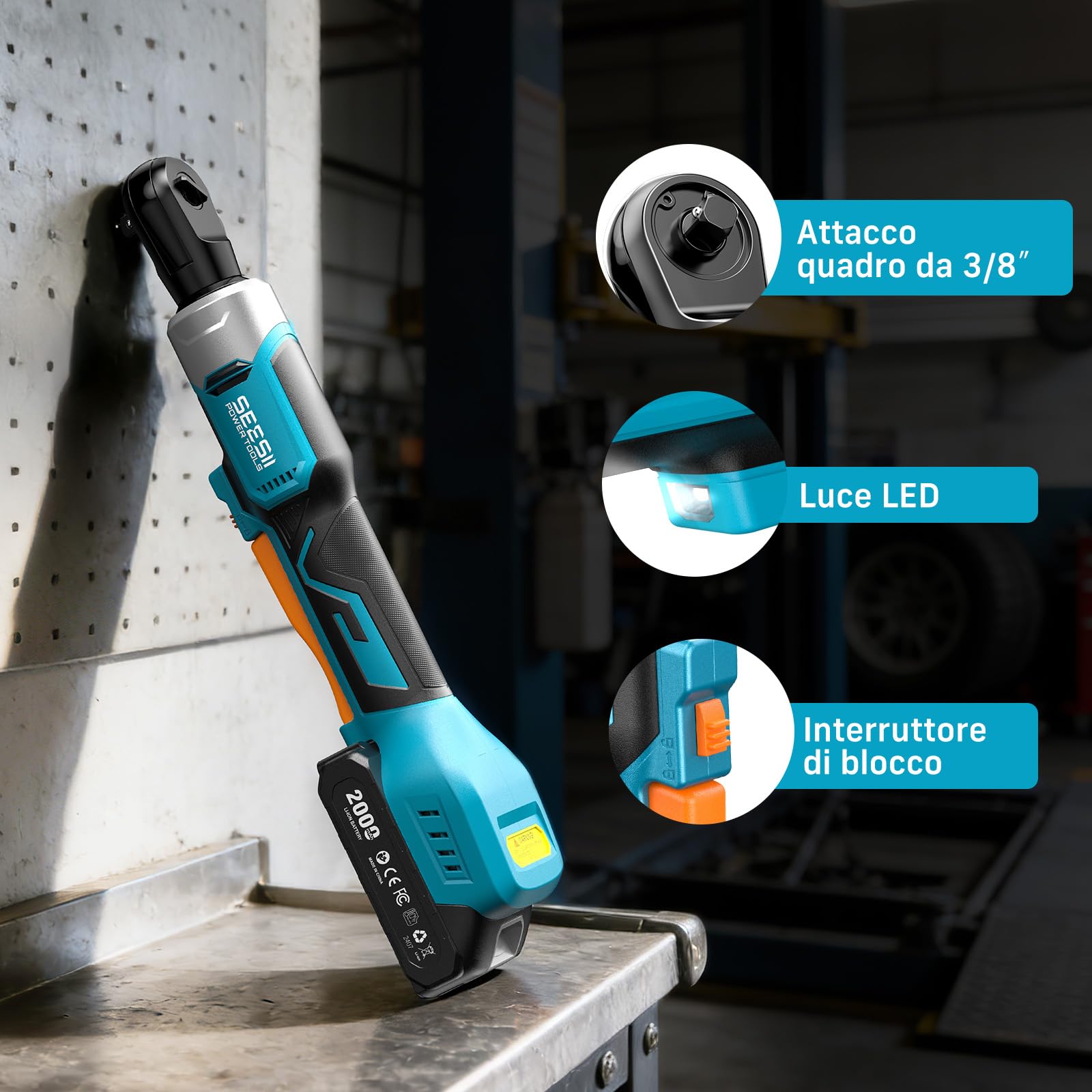 Seesii 3/8" Chiave a cricchetto elettrica, 80 N·m chiave a cricchetto con batterie 2x2.0Ah, 300 giri/min Chiave a cricchetto a batteria bussole da 10 a 17 mm, più adattatori 1/4 & 1/2 prolunga da 3"