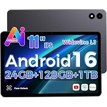 Tablet 11 Inch Android 16 with Gemini AI, 24GB+128GB/1TB, GMS Widevine L1, 1280 * 800, WiFi 5 & BT 5.0, 7000mAh Tablet