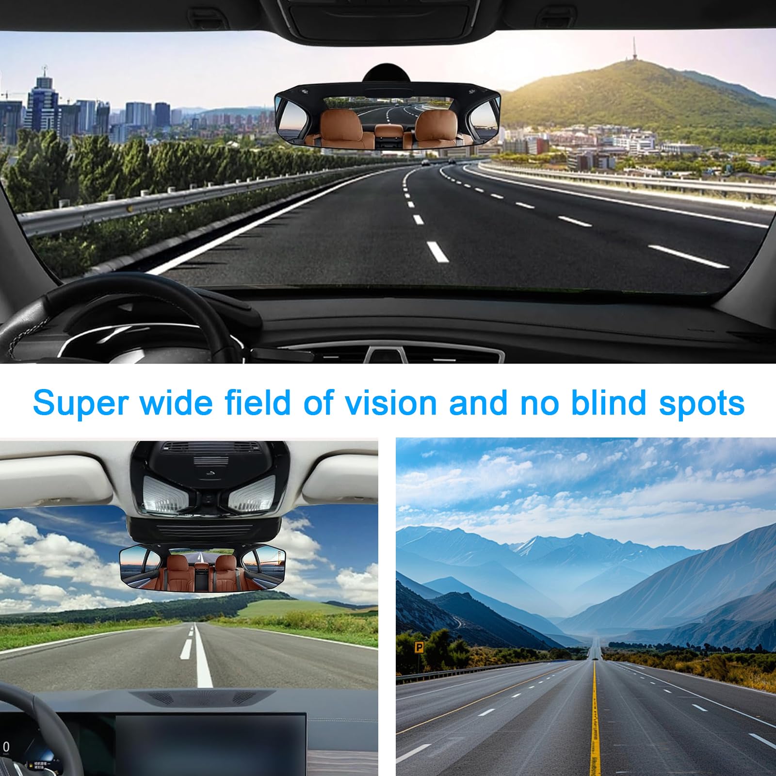 DINGFENG Auto-achteruitkijkspiegel, verblindingsvrij, groothoek- achteruitkijkspiegel, 30 x 9,2 cm, binnenspiegel clip-on 1300R, gebogen panorama-spiegel, effectief bij het verwijderen van blinde