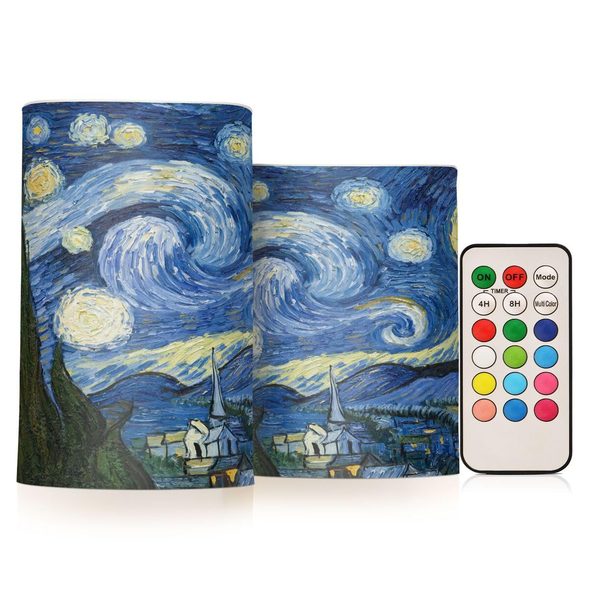 JUMBEAR LED Candles Set of 2,Van Gogh The Starry Night Art Flameless Candles 4" 5" Real Wax Battery Candle Pillars, 18 Key Remote Control with 24 Hour Timer Function