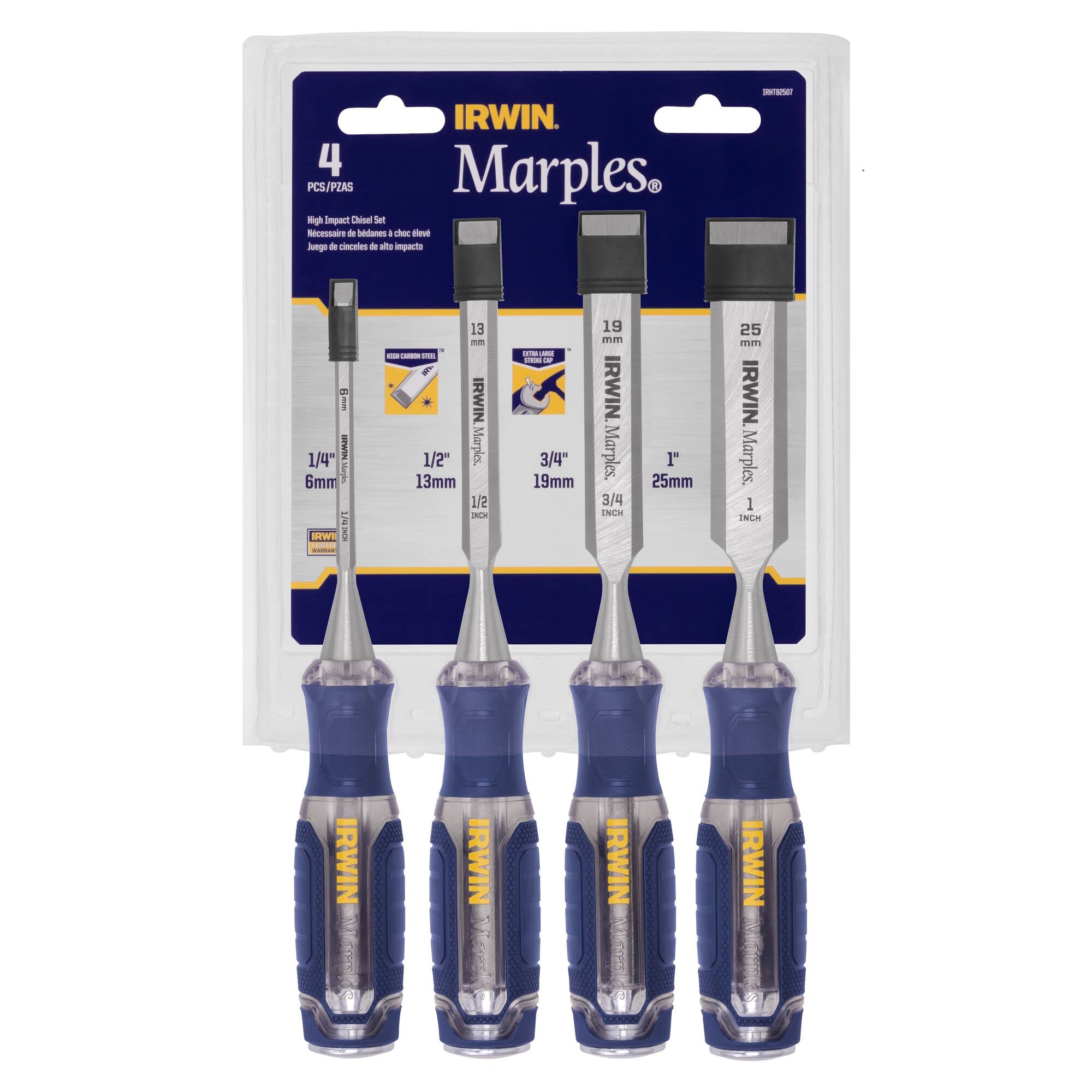 IRWIN Chisel Set, Woodworking, 4-Pack, Extra-Long Strike Cap