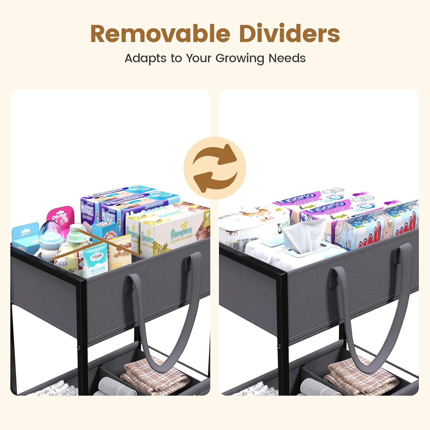 Diaper Caddy Organizer and Storage, 3-Tier Baby Storage Organizers with 2+2 Dividers, Large Capacity Diaper Rolling Cart for Nursery, Diaper Caddy Cart for Crib, Bedroom, Bathroom