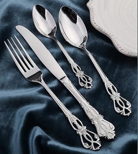 Juego de cubiertos para 14 cubiertos de acero inoxidable estilo palacio, decoración de alivio hueco, 56 piezas, incluye cuchillos, tenedores y