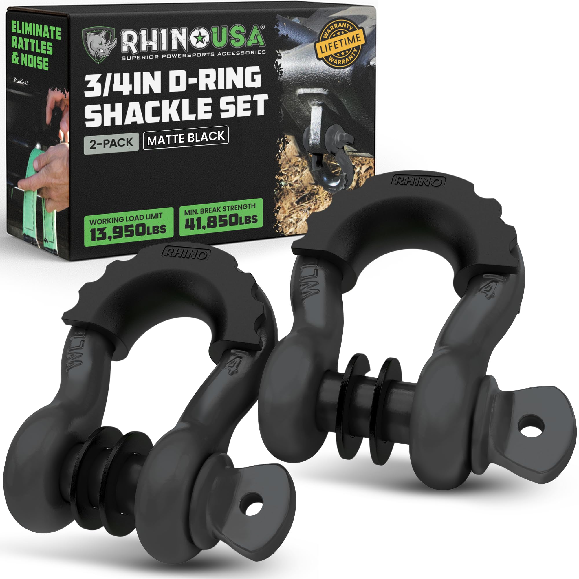 Rhino USA D Ring Shackles (2-Pack) - 41,850lb Break Strength – Heavy Duty 3/4" Clevis Shackle with 7/8 Pin for Towing & Off-Road Use - Pairs with Tow Strap for Vehicle Recovery (Matte Black)
