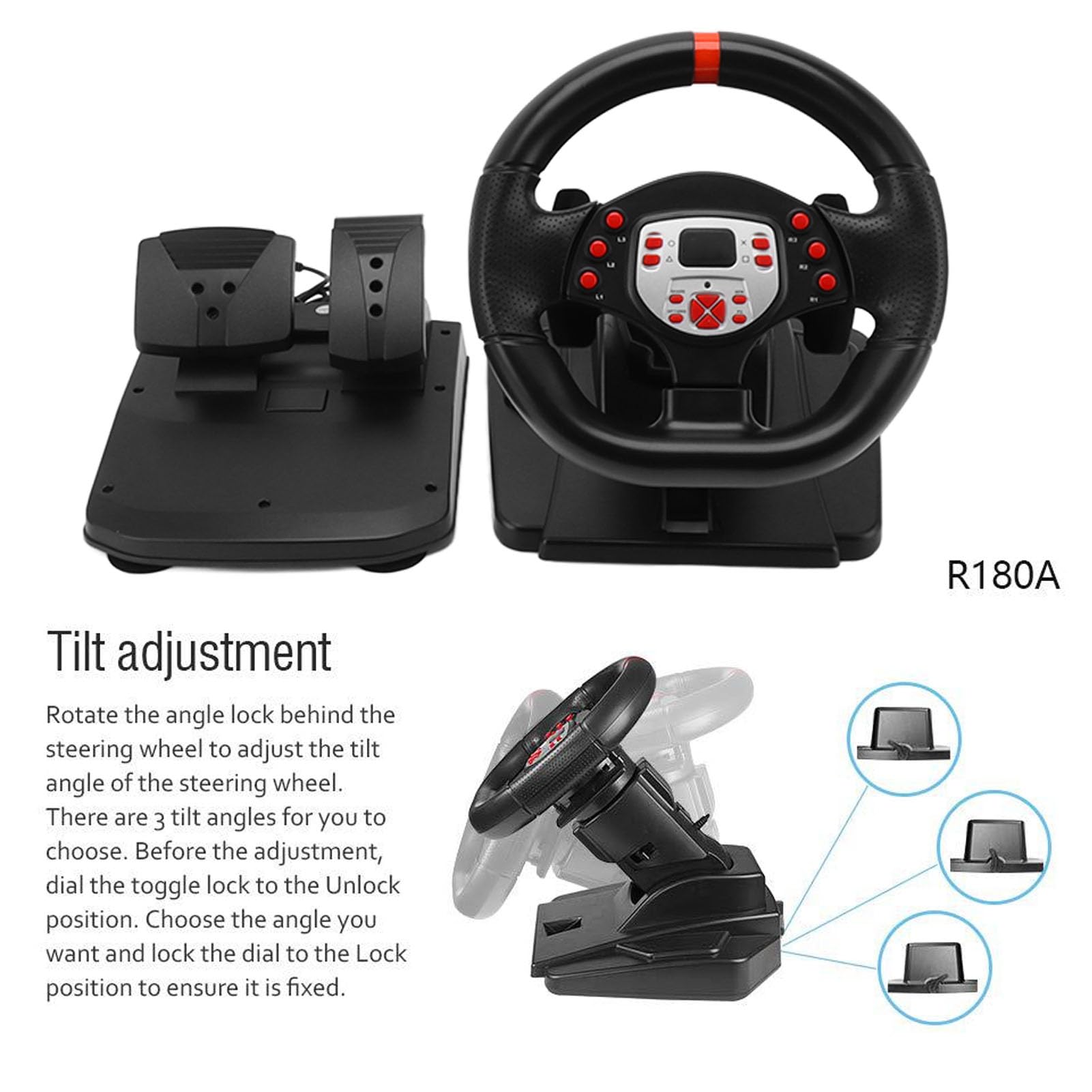Naroote Volante da Corsa, Volante da Gioco Simulatore di Corse 5 in 1 Forza Motrice Volante da Corsa Vibrazione Volante per PC con Pedale Al Volante da 180 Gradi per PC