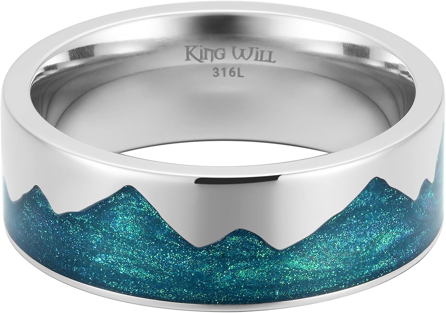 King Will 8mm Silver Stainless Steel Rings, Men's Wedding Rings Mountain/Wave Design Blue/Black/Red Sand Inlay Flat Cut Wedding Band for Men Women Comfort Fit and Durable