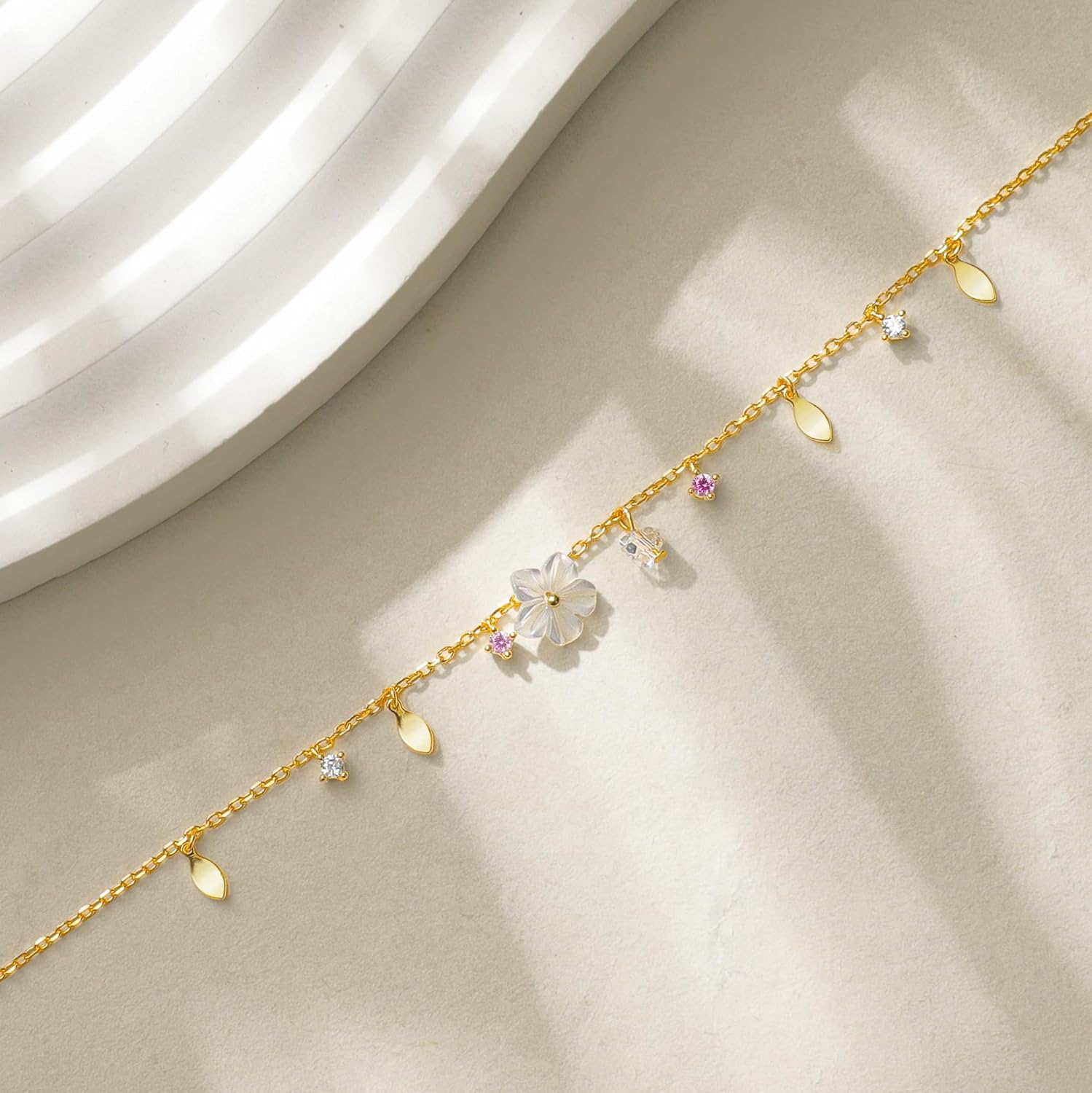 LOVECOM 925 Serling Silver Flower Leaf Bracelets for Women Daughter 14K Gold Plated Hibiscus Floral with Cubic Zirconia Charm Bracelet Cute Crystal Leaves Chain Motherers Jewelry Gifts