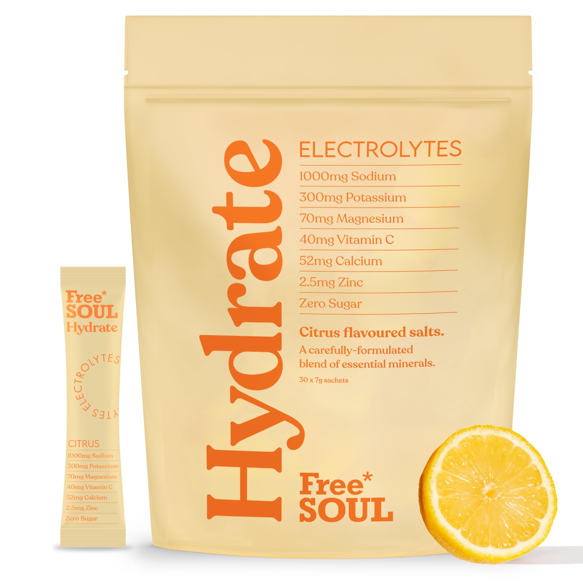 Free Soul Hydrate | Electrolyte Hydration Sachets | Zero Sugar | 30 Sachets | Advanced Electrolyte Powder with Sodium, Magnesium, Vitamin C | Citrus Salt Flavour