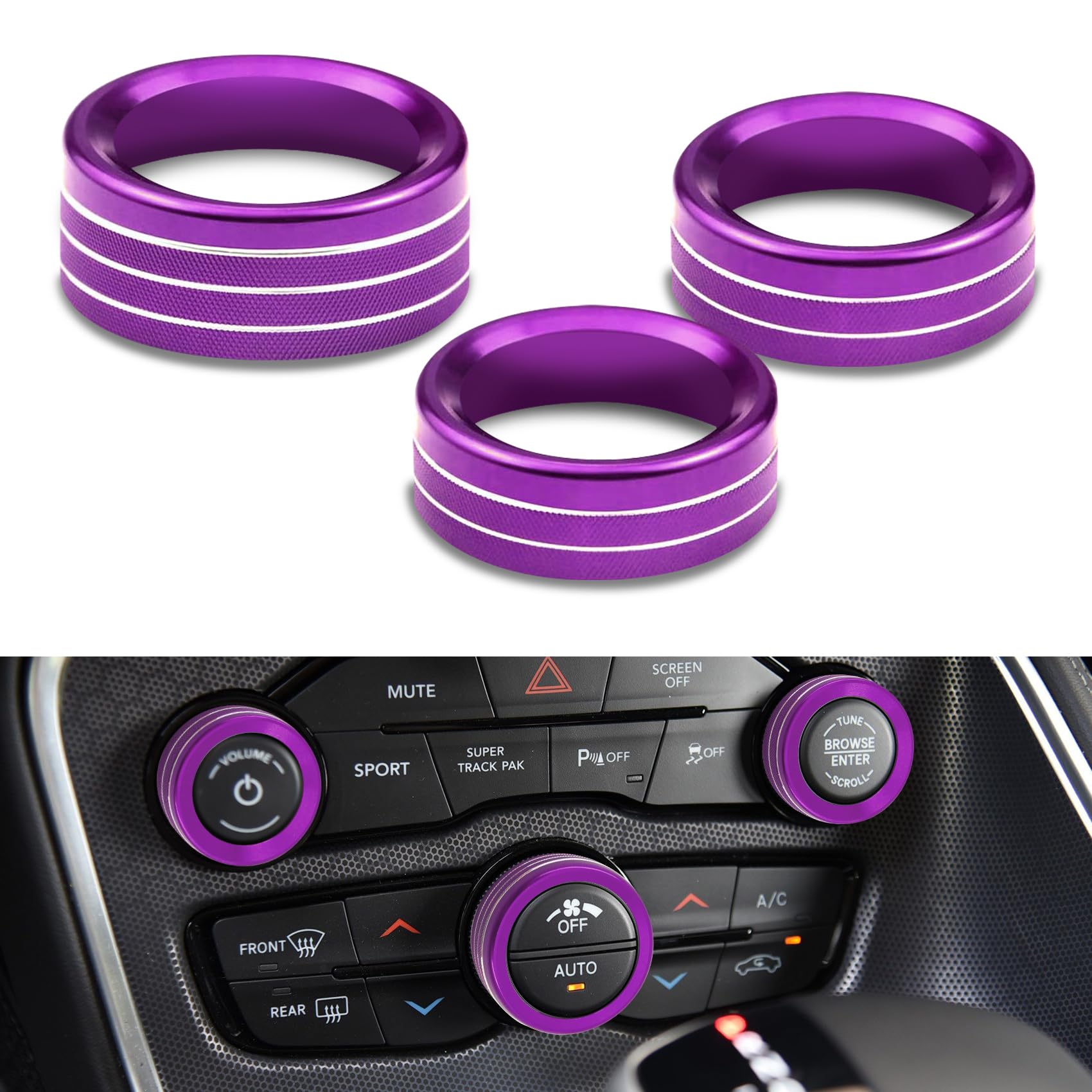 3PCS AC Air Conditioner Switch Button Knob Cover, Climate Control Knob Cover, AC Switch Volume Tune Controller Aluminum Alloy Trim, Car Accessories for Challenger Durango 2015-2022 (Purple)