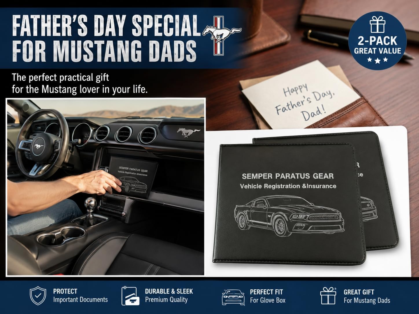 Muscle CAR Edition Vehicle Registration Organizers Compact 5"x4.5" - Automobile, Motorcycle, Truck, RV Trailer | Strong Closure, Fits Every Glovebox | 2-Pak for Mustang Dads - Semper Paratus Gear