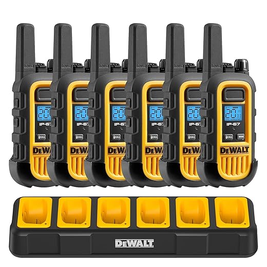 DEWALT DXFRS300 1 Watt Heavy Duty Walkie Talkies - Waterproof, Shock Resistant, Long Range & Rechargeable Two-Way Radio with VOX (6 Pack w/ Gang Charger) (DXFRS300-BCH6)