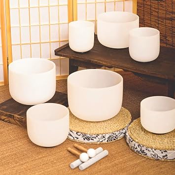 KVKA Crystal Singing Bowl Set –432Hz Frosted Quartz White Design – Sound Bowl & Meditation Bowl Chakra Balancing Sound Bath Instruments Therapy Sound (6-12 inch 440Hz)