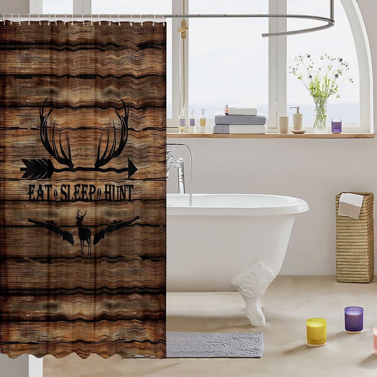 Hunting Deer Shower Curtain Waterproof Fabric,Deer Antler and Arrow Print Bath Curtain,Retro Brown Rustic Farm Board Hanging Curtain with Hooks for Bathtubs Bathroom, 72Wx78L inch