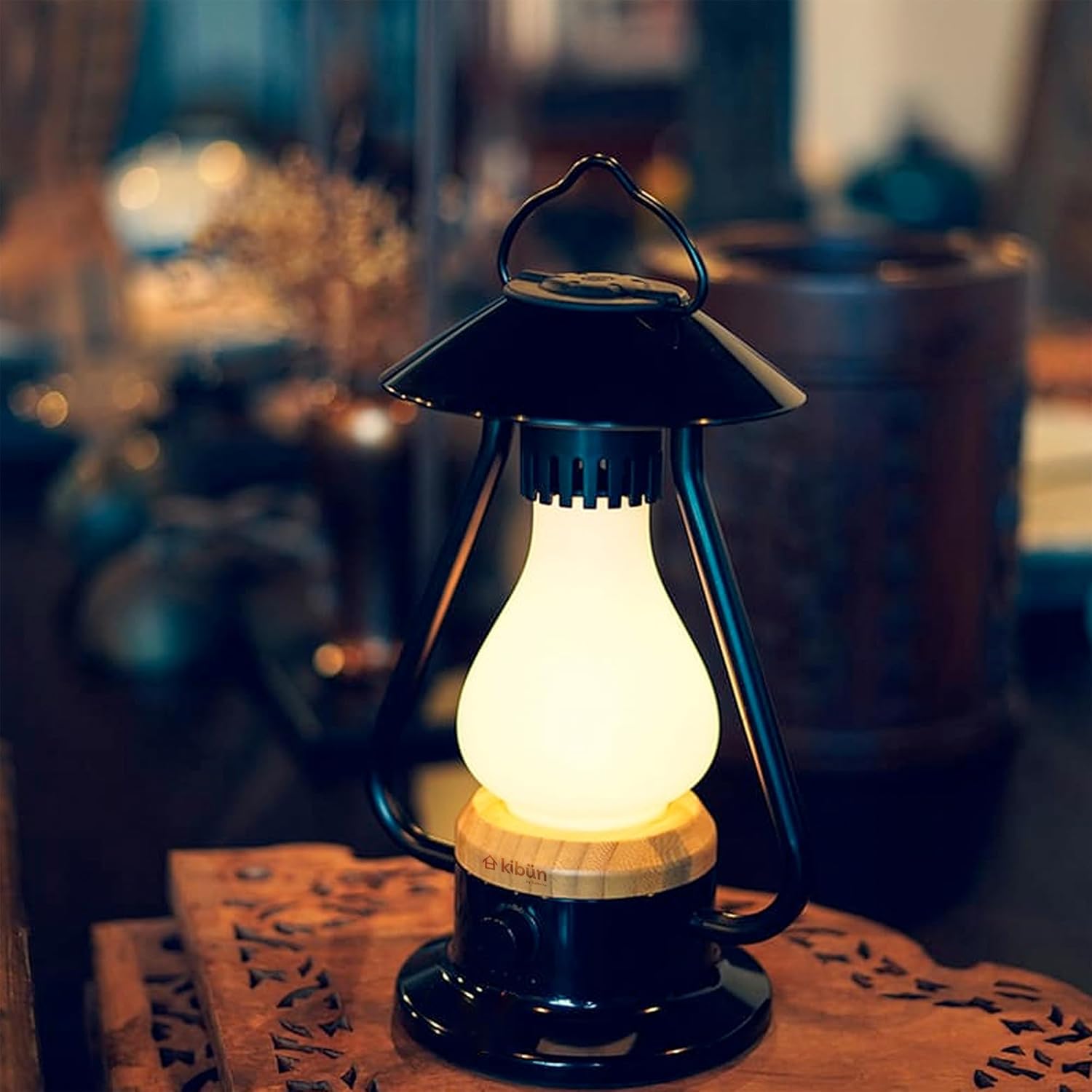 Bulbrite K80120 Kibün Bonfire Cordless LED Outdoor Table Lamp with Dimmer, Built-in Rechargeable Battery, 3-Level Brightness, Portable Camping Lantern, Black
