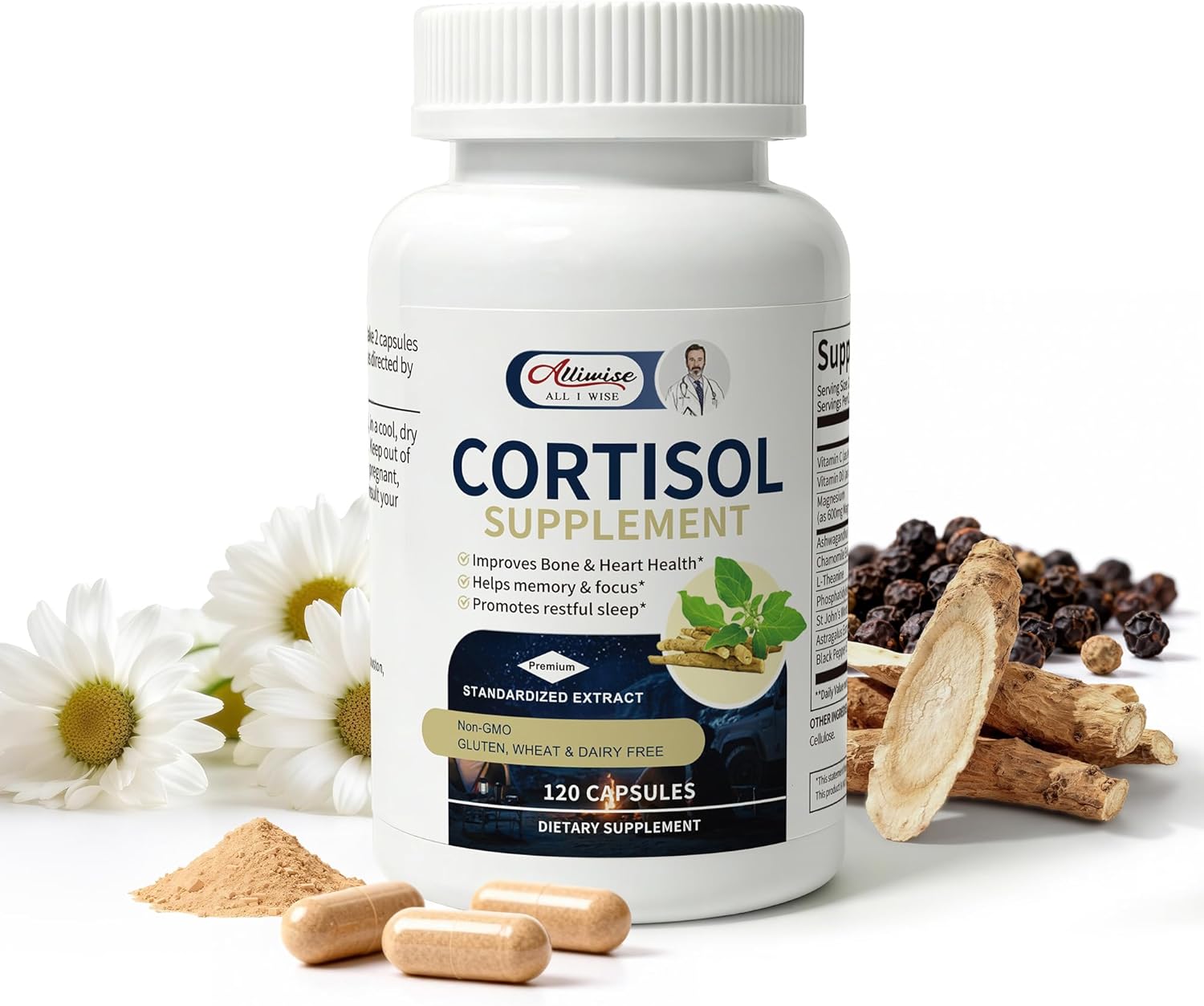 Alliwise Cortisol Supplements for Women and Men with Magnesium, Ashwagandha,L-Theanine,Chamomile & PS,High Cortisol Reducer, Manager, Detox, Lower for Mood,Focus,Sleep,Non-Drowsy,No Melatonin