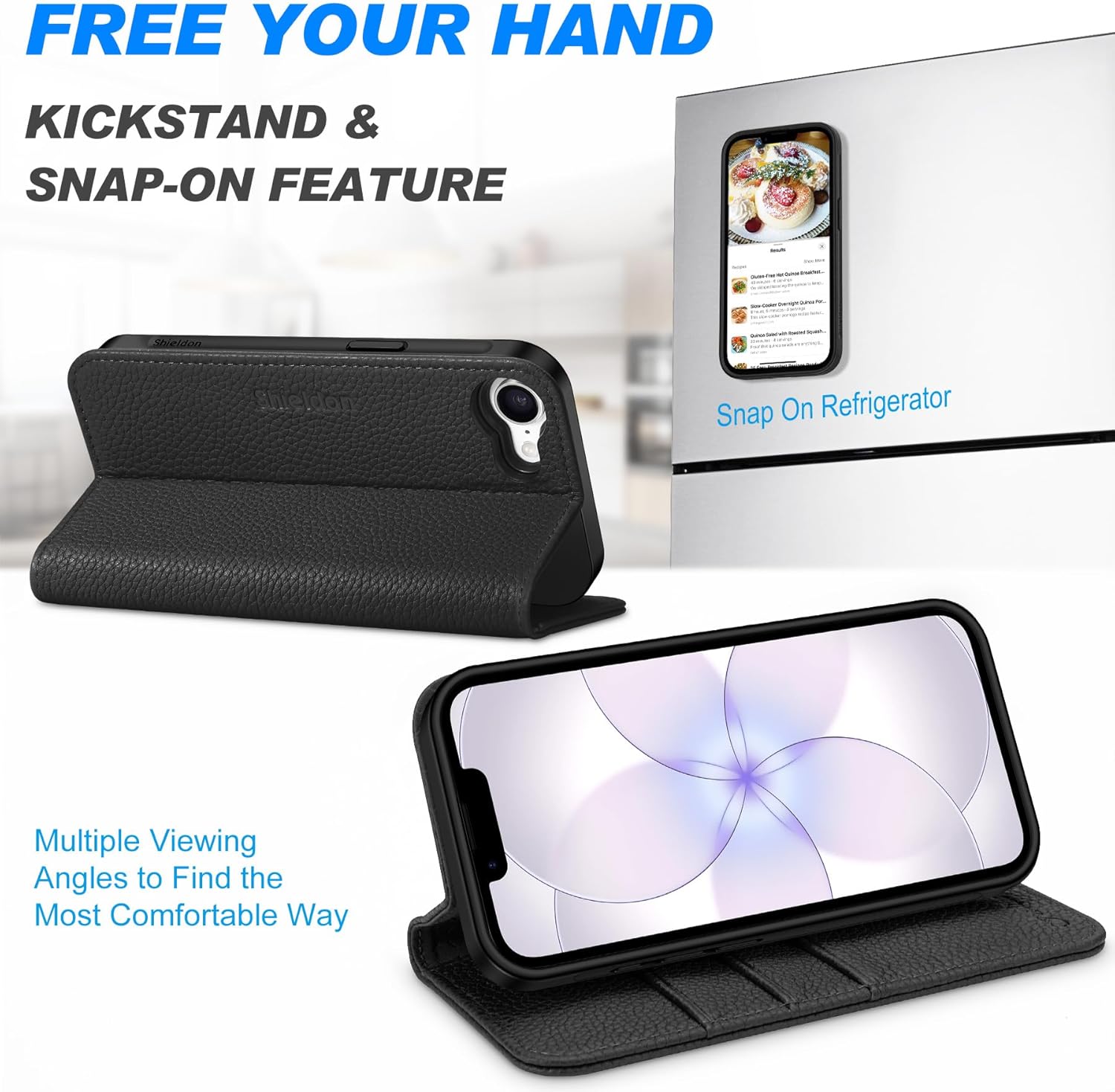 SHIELDON Wallet Case for iPhone 17e, for iPhone 16e, Genuine Leather 2 in 1 Magnetic RFID Blocking Card Slot Kickstand Shockproof Wireless Charging Cover Compatible with iPhone 16e - Pebbled Black