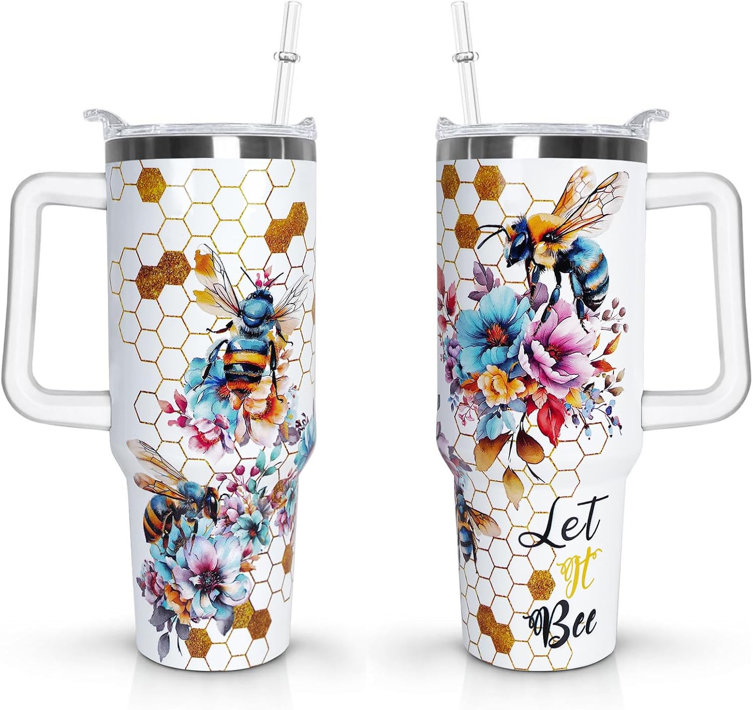 40 oz Bee Tumbler with Handle and Straw Lid - Bee Themed Gifts for Beekeepers and Lovers - Double Insulated Travel Coffee Mug