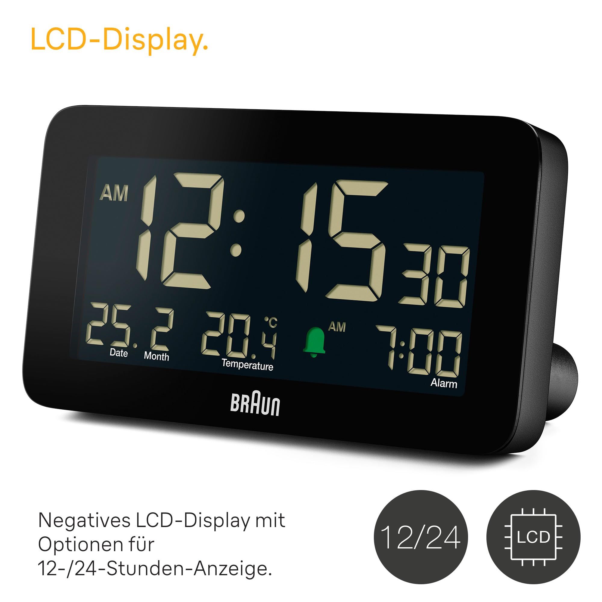 Braun Digitaler Wecker mit Datums-, Monats- und Temperaturanzeige, negativem LCD-Display, Schnelleinstellung und anschwellendem Alarm-Piepton in Schwarz, Modell BC10B.