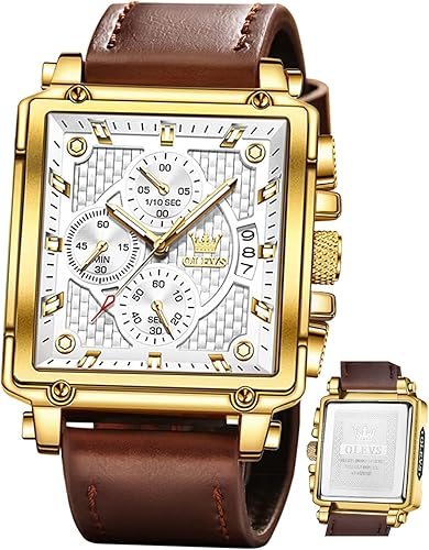 OLEVS Relojes cuadrados para hombre, cronógrafo de cuero marrón, reloj de negocios de moda, luminoso, impermeable, relojes de pulsera casuales