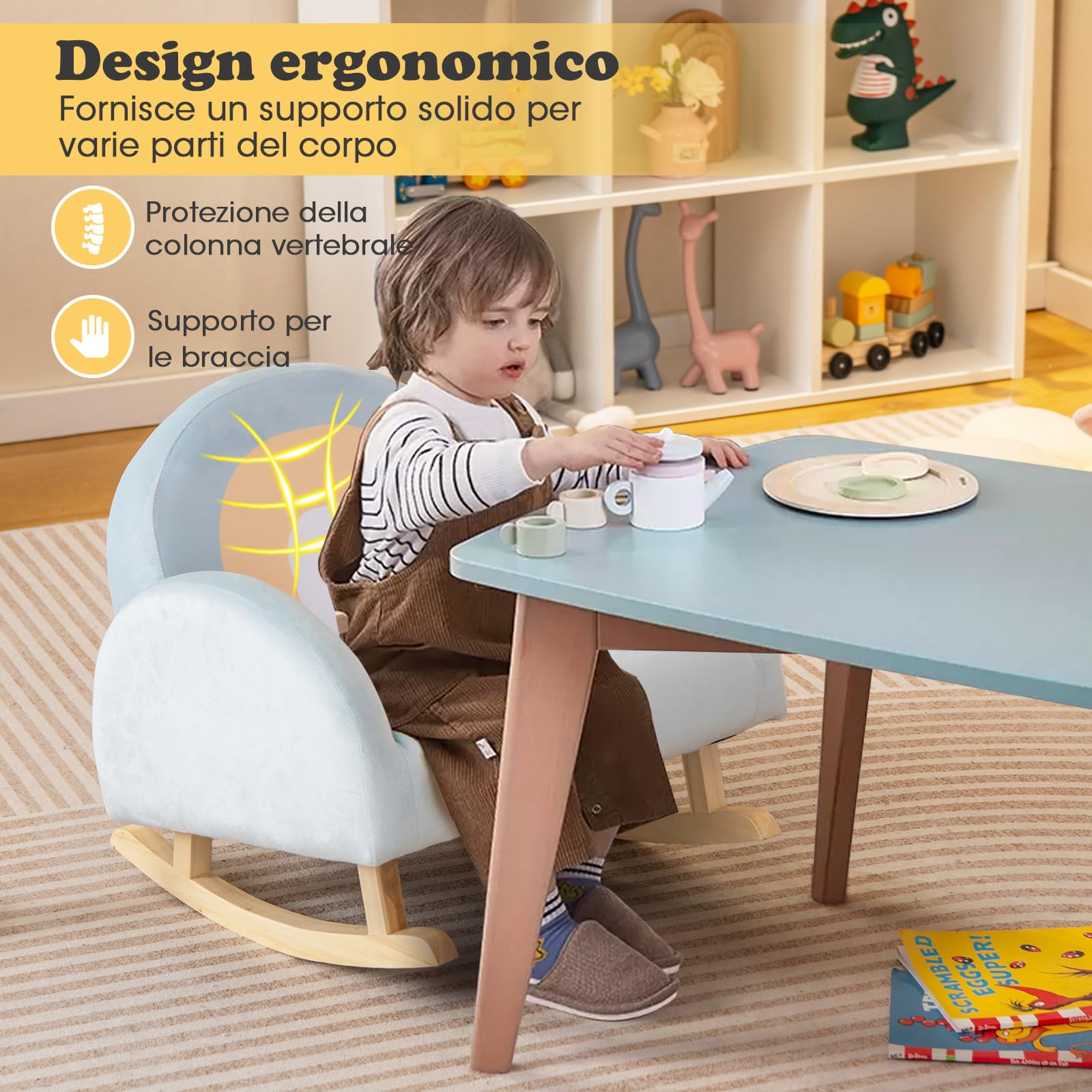 COSTWAY Sedia a Dondolo per Bambini in Legno, Poltrona Imbottita per Bambini con Rivestimento in Velluto Morbido, Design Antiribaltamento, per Camera da Letto, Soggiorno