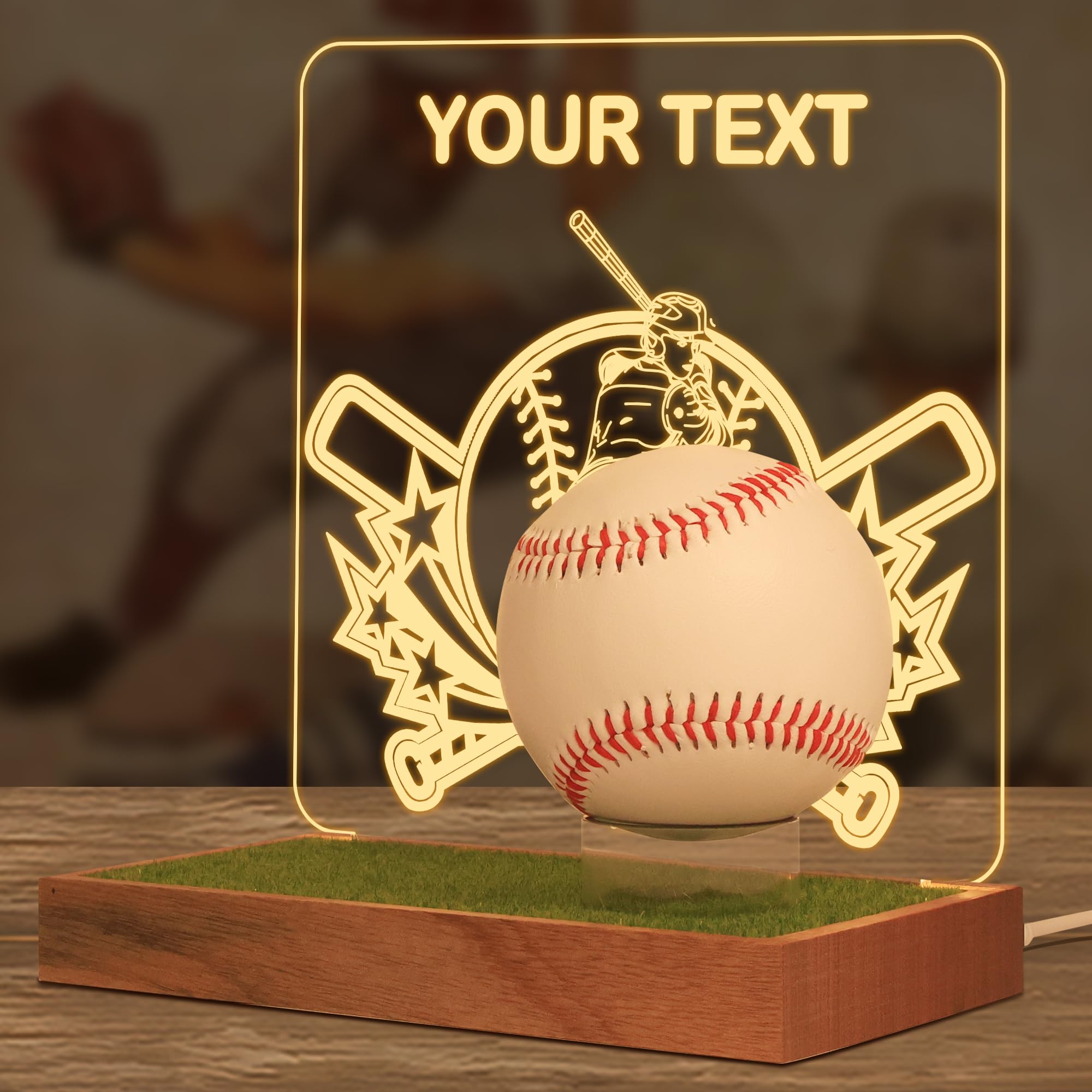 Lampeez Customized Light Up Baseball Display Stand Desktop, Clear Acrylic Solid Wood Baseball Holder with USB powered for Memorabilia, Gifts for Baseball Players Enthusiasts