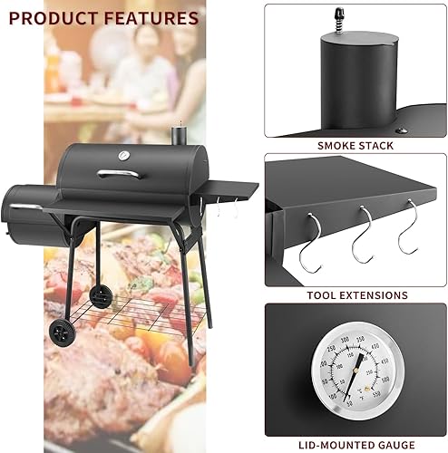 Miniatura 3 de Parrilla de carbón con ahumador desplazado, parrillas de barbacoa con mesa auxiliar, cocina al aire libre con 714 pulgadas cuadradas, picnic de