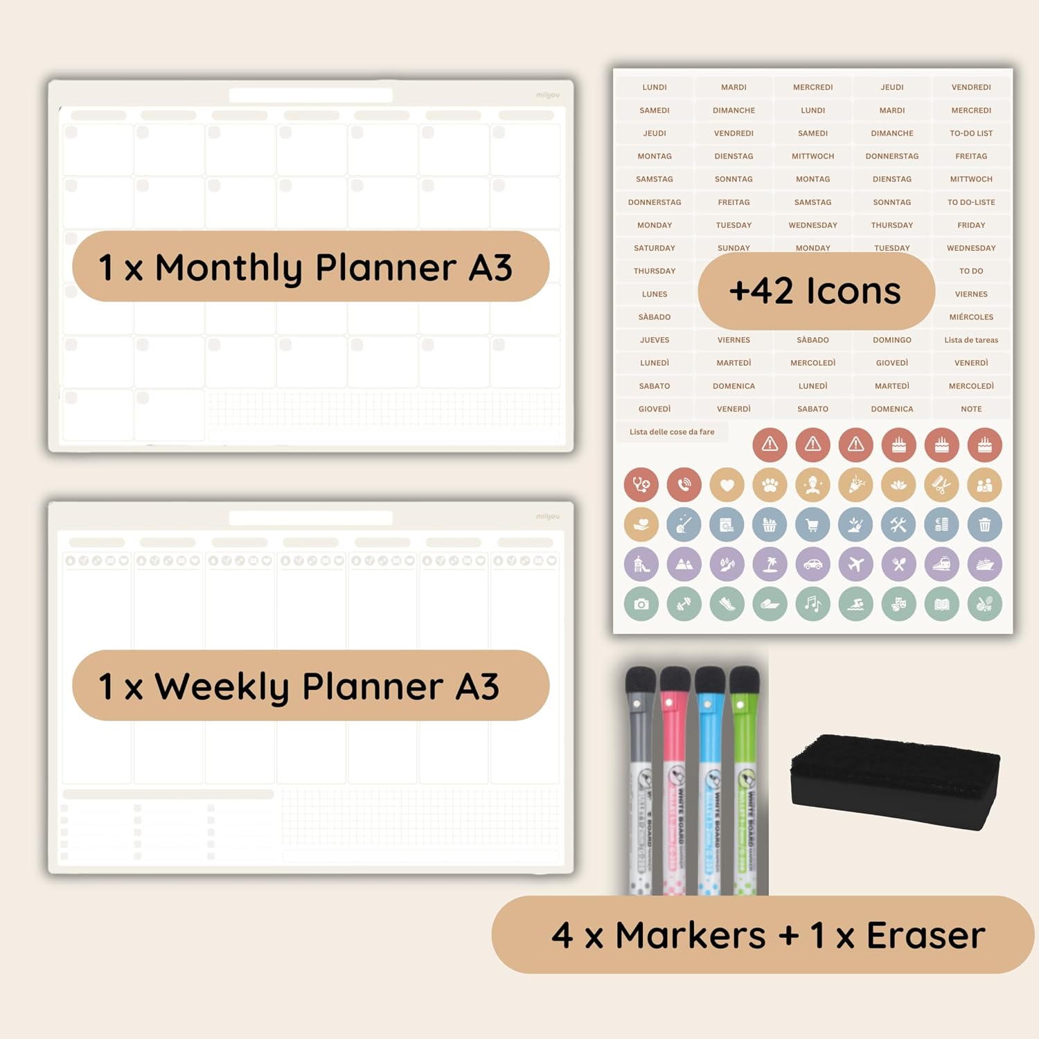 Magnetisk kalender för kylskåp i A3-storlek – månads- och veckoplanerare – 42 evenemangskl - Analyse des détails et conception
