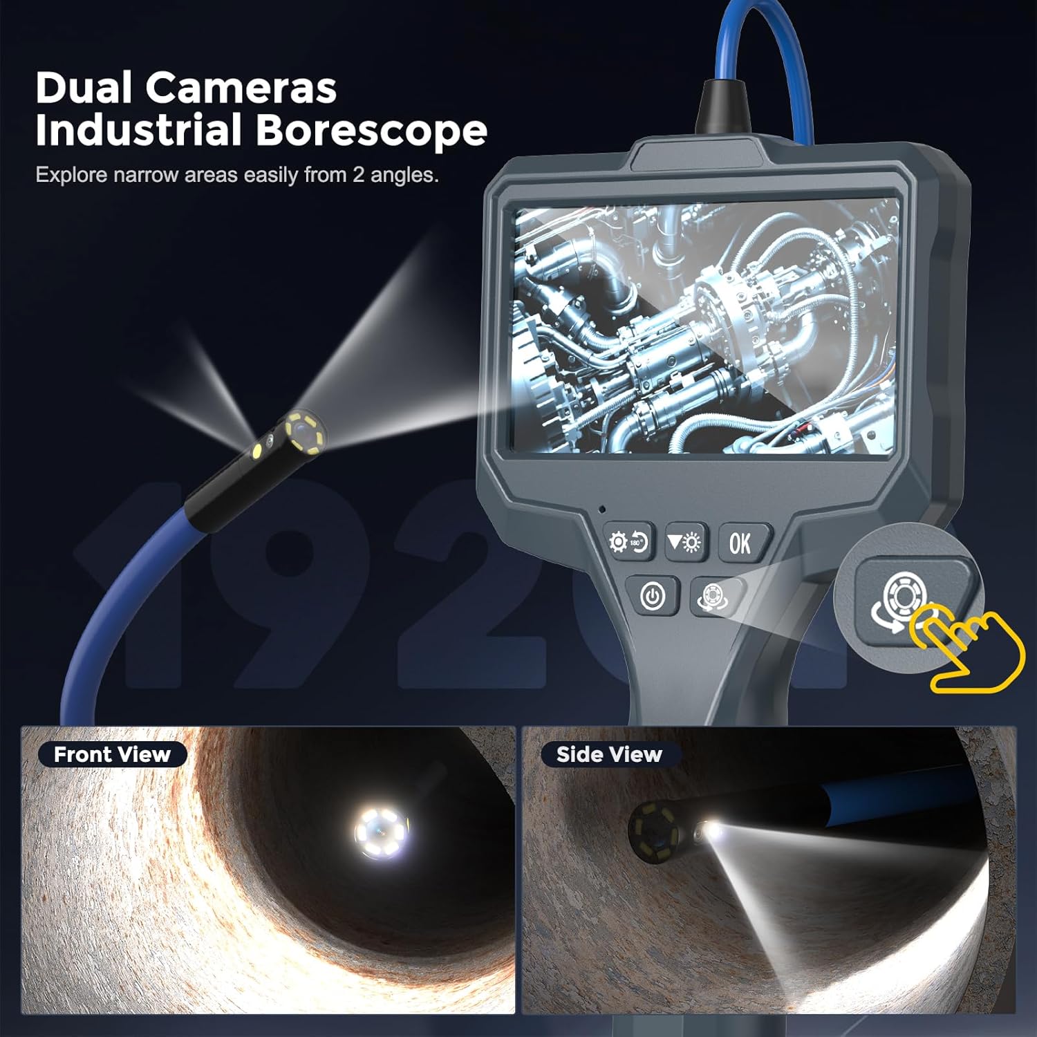 Endoscope Camera with Light 1920P HD Industrial Borescope with 4.3" IPS Screen, 11.5FT Semi-Rigid Cable, IP67 Waterproof Inspection Snake Camera for Car Engine, Mechanical Tools, Pipeline Inspection