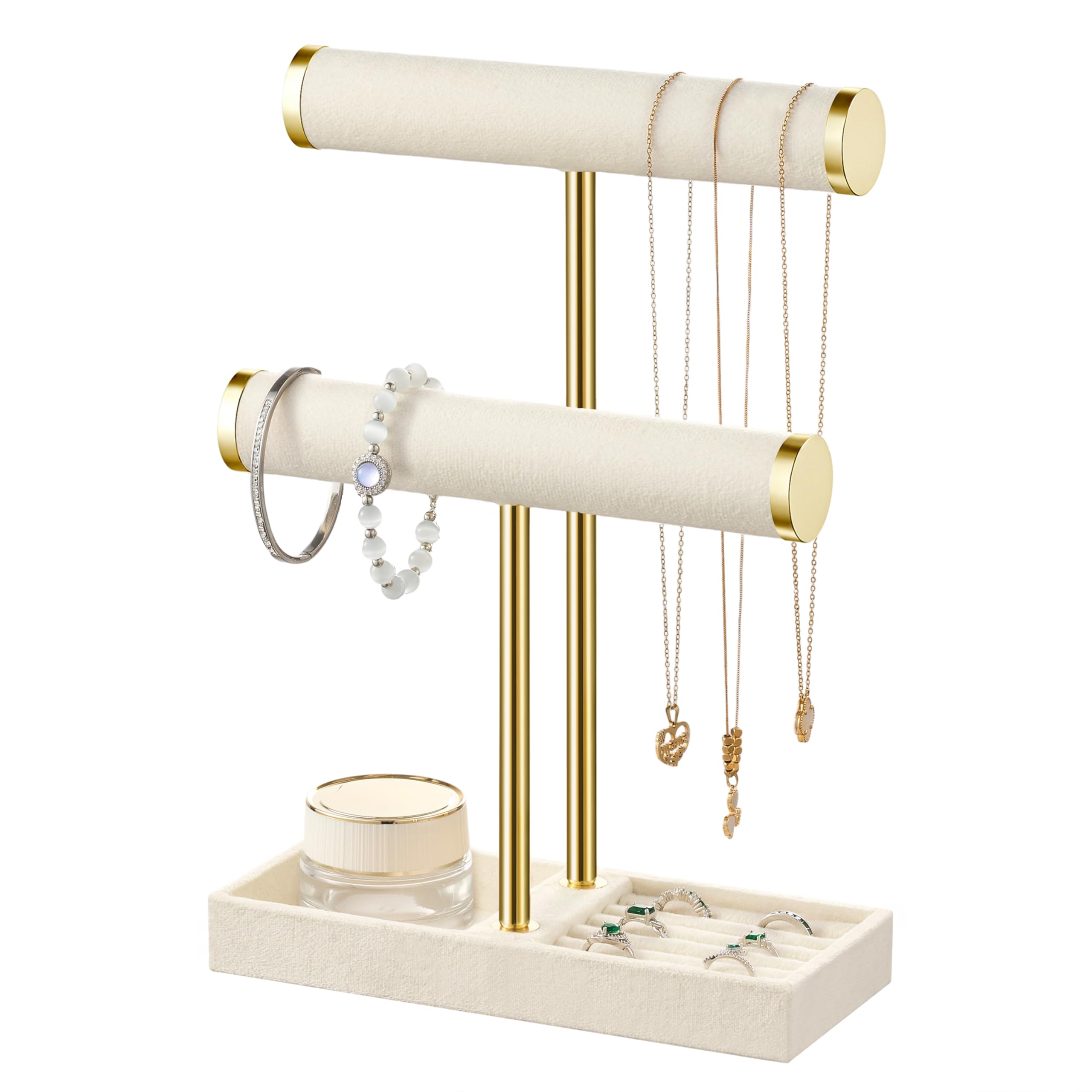 bussdis 2 Tier Bracelet Holder Display - Detachable T Bar Beige Velvet Bracelet Holder, Jewelry Holder Organizer for Bracelet, Necklace, Earrings, Rings