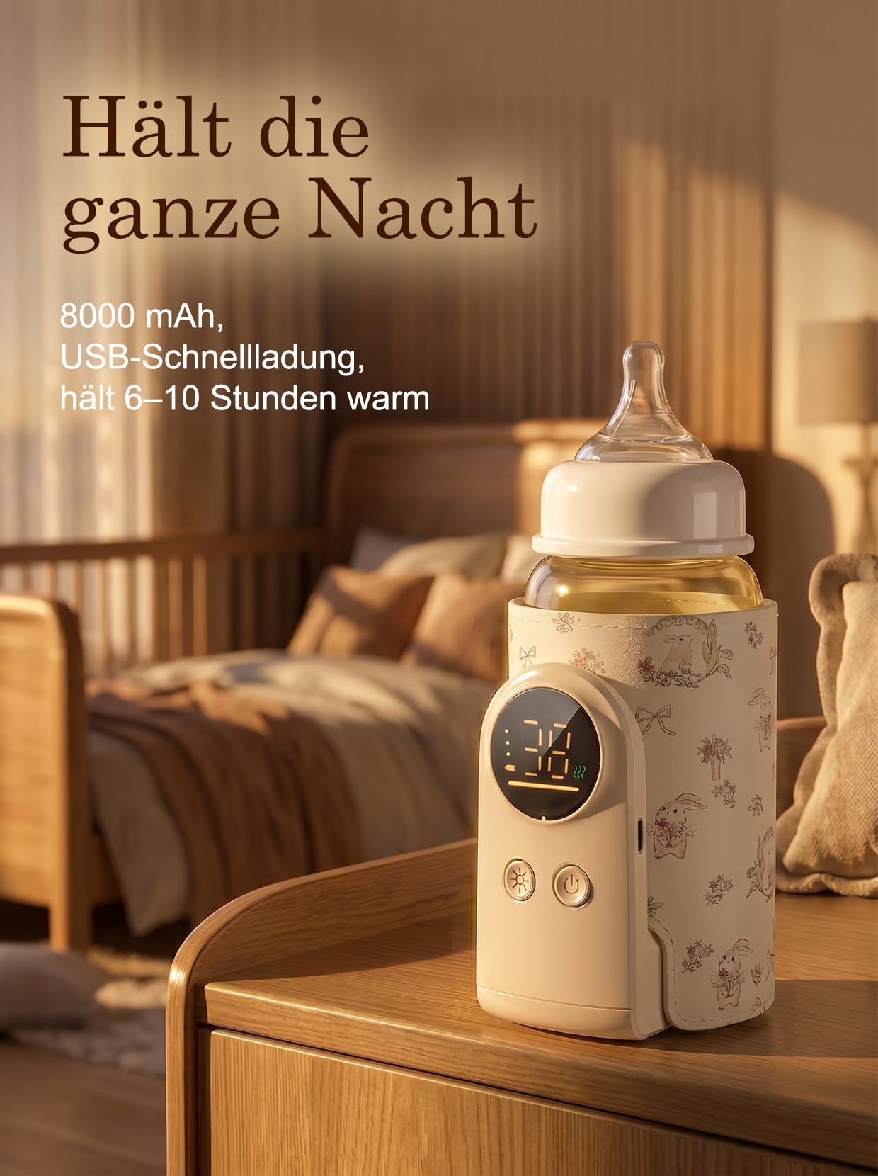 Flaschenwärmer Baby unterwegs 8000mAh Akku, 6 Temperaturen (Straußhase) | Tragbarer Flaschenwärmer mit LED-Display, Nachtlicht & USB-C Schnellladung – für unterwegs & Nachtfütterung