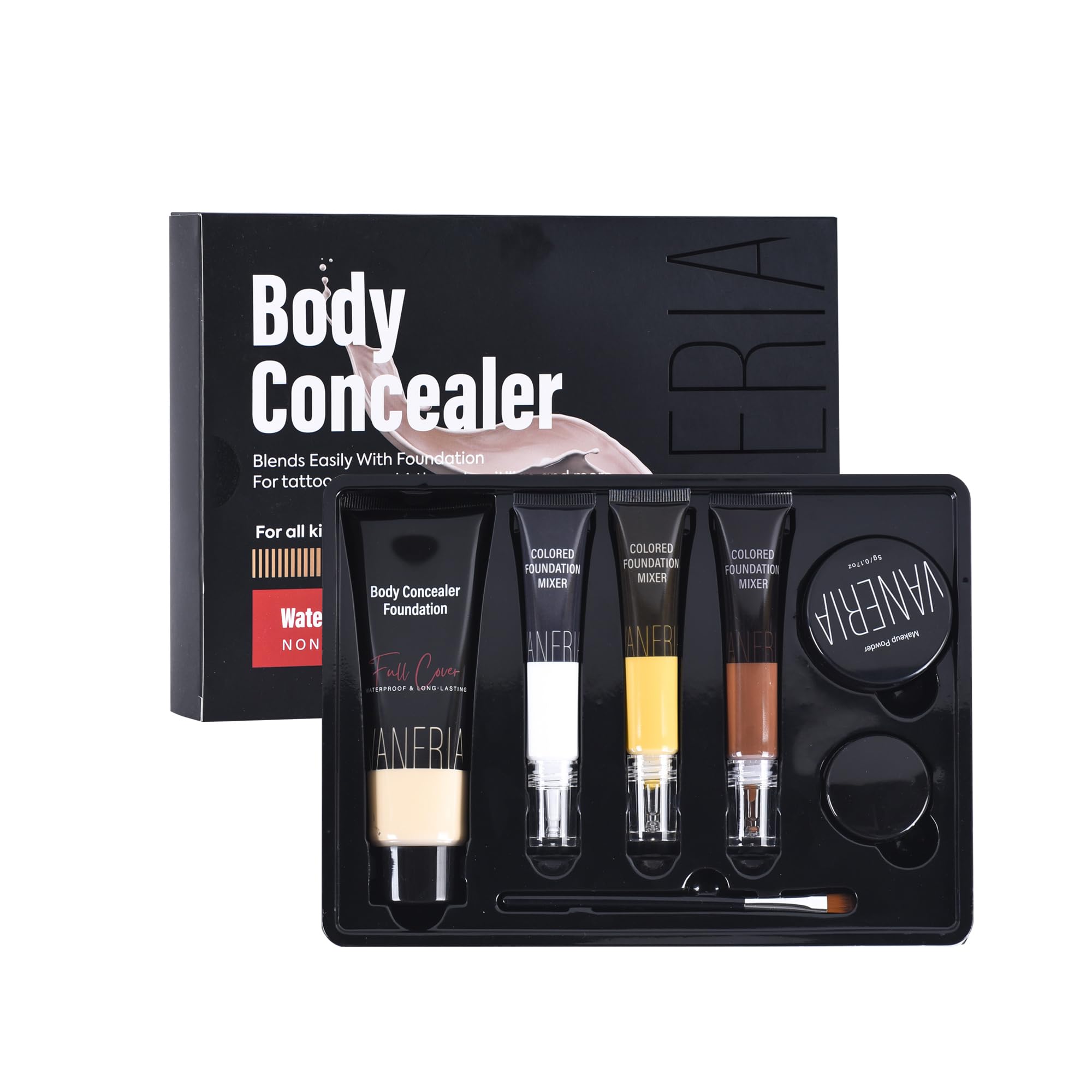 VANERIA Body Concealer Kit, Tattoo Cover Up Makeup, Waterproof & Long, Lasting, Conceal Scars, Spots & Vitiligo, Birthmarks