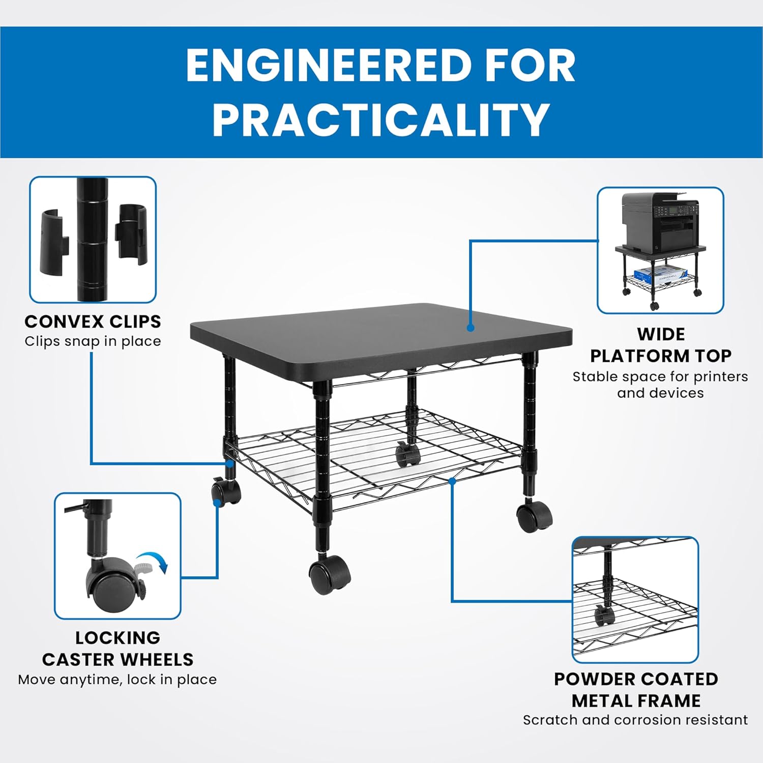 Mount-It! Under Desk Printer Stand with Wheels | Mobile Printer and Fax Cart with Storage Shelf for Office and Home Use, 2 Tiers (Black)