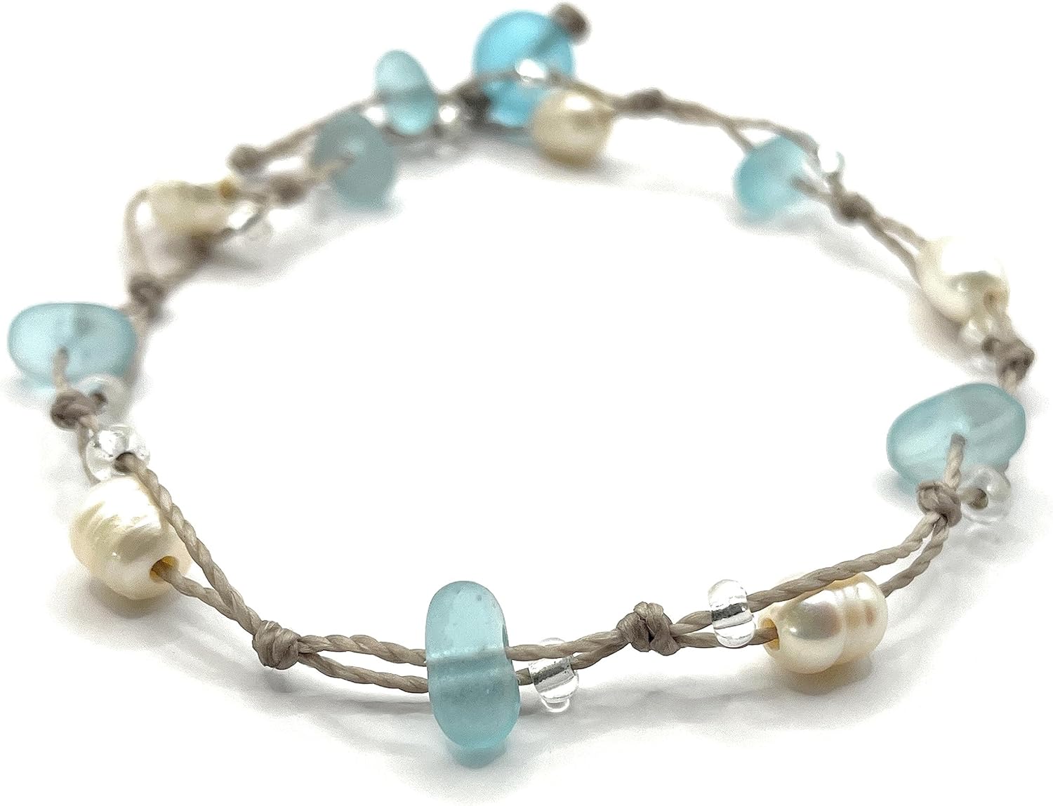 Beach Soul Sea Glass Bracelet or Ankle Wrap with Aqua Blue Glass and Freshwater Pearls, 11" Wrap, Beachy Boho Jewelry for Women, Handmade