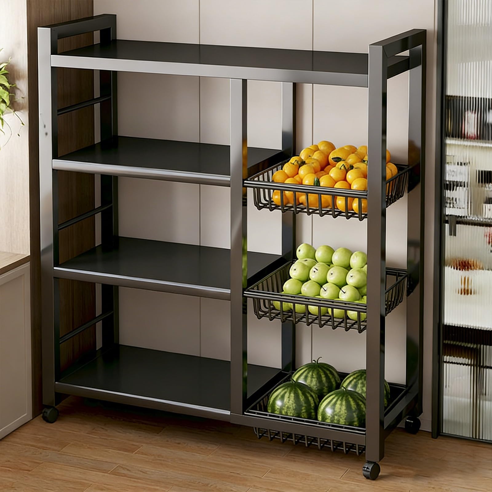 Carrito de almacenamiento rodante resistente, organizador de varios niveles con cestas de malla, estantes extraíbles para despensa de cocina, comestibles, aperitivos, 90 x 32 x 108 cm