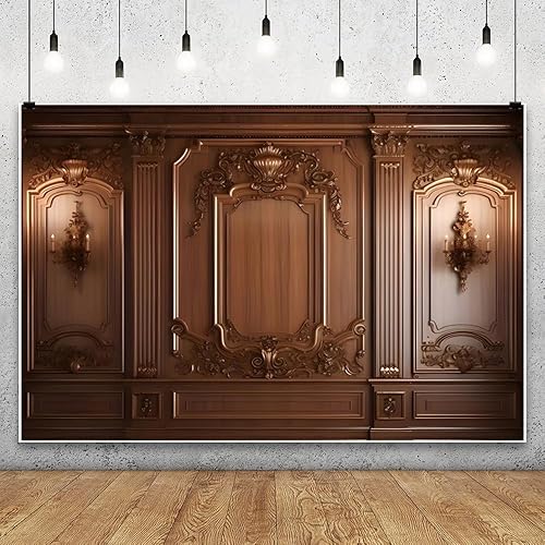 Leowefowa 7x5ft Classic Interior Vintage Europe Wall Backdrop Living Room Brown European Frame House Wall Photography Background Wedding Baby Shower Birthday Party Decor Artistic Portrait Props - 7x5ft