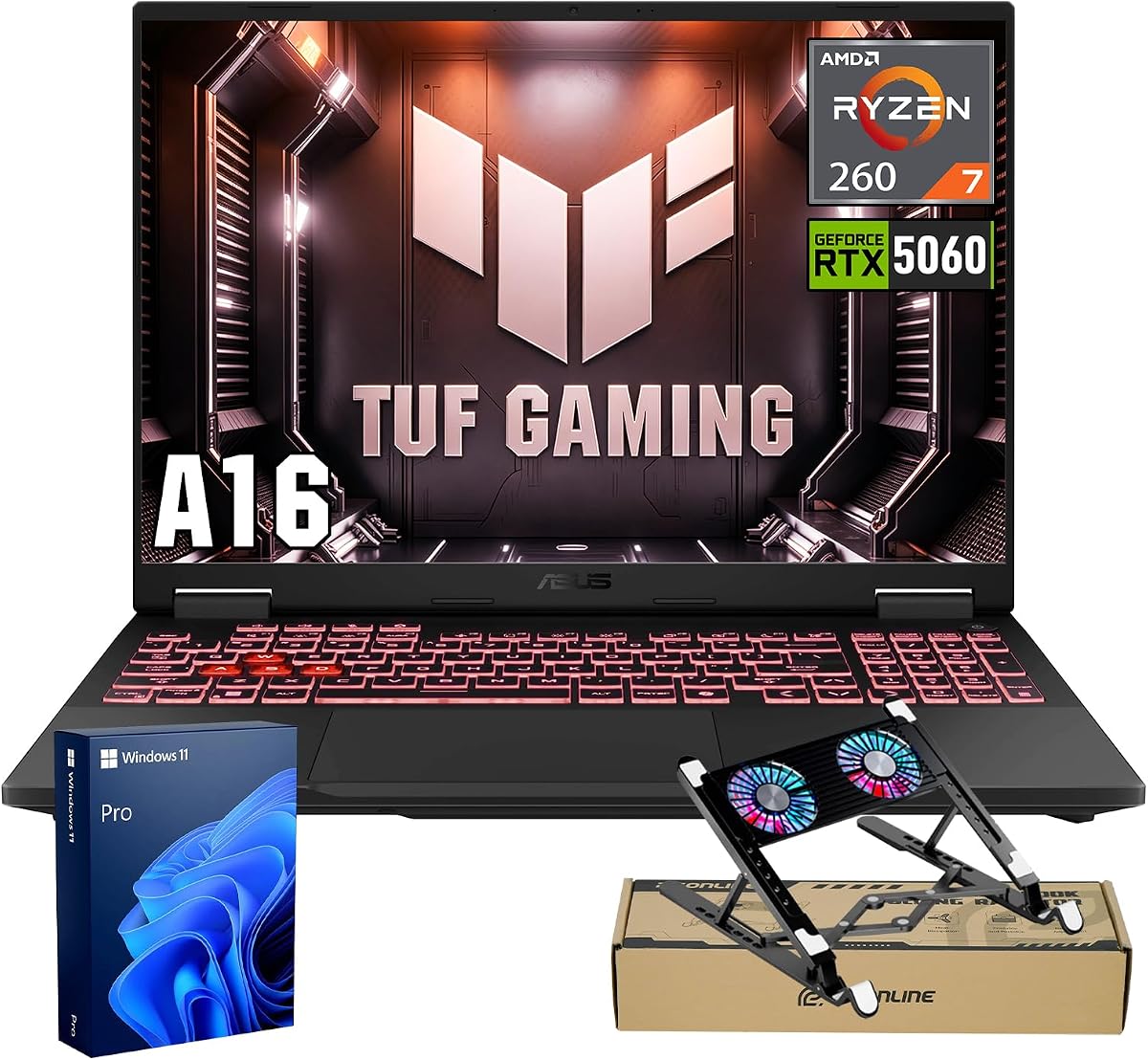 TUF A16 AMD Ryzen 7 260 RTX 5060 Gaming Laptop, 32GB RAM, 1TB SSD | 16" FHD+ 165Hz Display, RGB Backlit KB, HDMI, Windows 11 Pro, w/Bundle