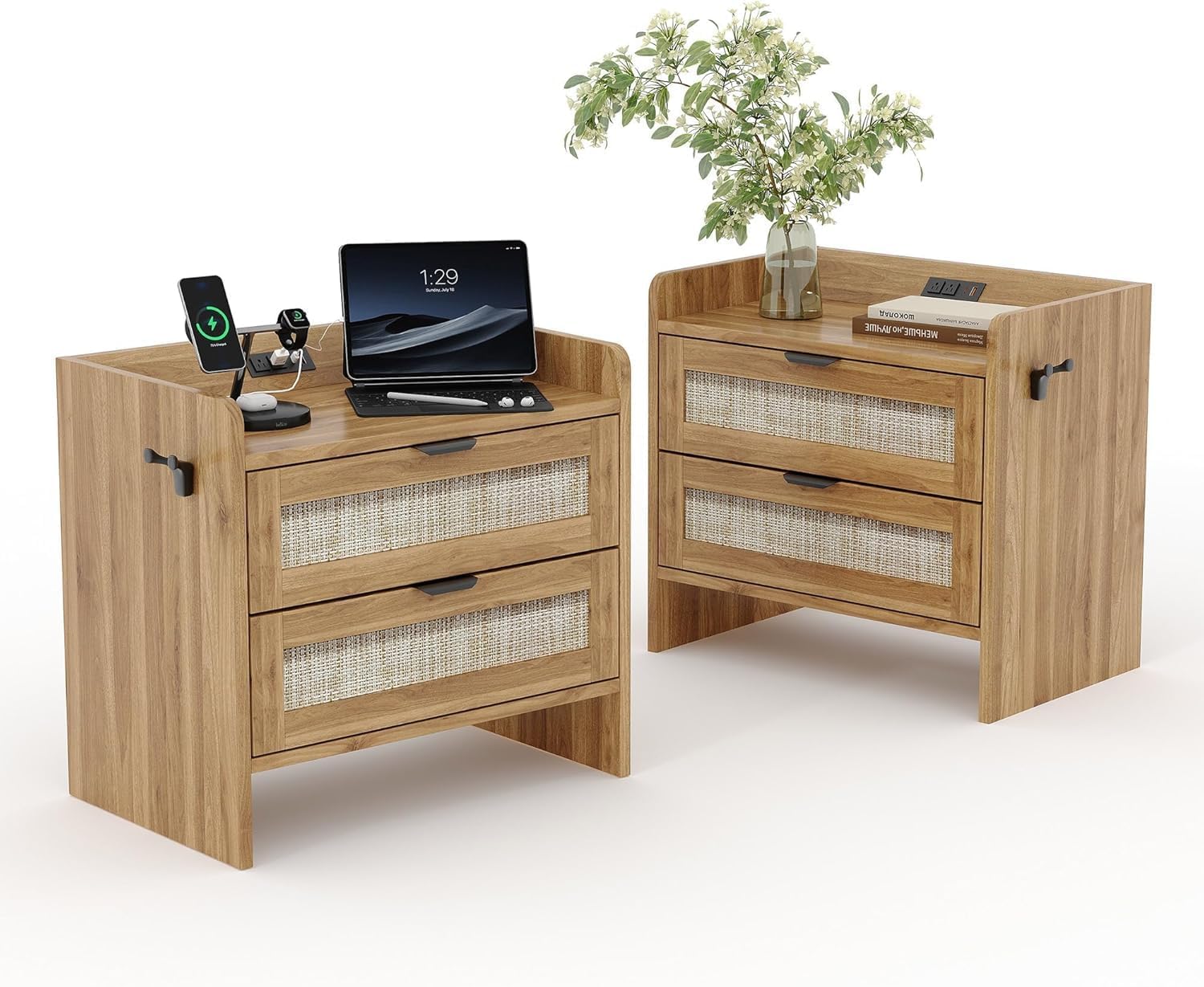 Set of 2 Rattan Nightstands with Type-c Charging Station, Boho Bedside Tables with 2 Drawers, End Tables with USB & Outlets for Bedroom, Office-Walnut