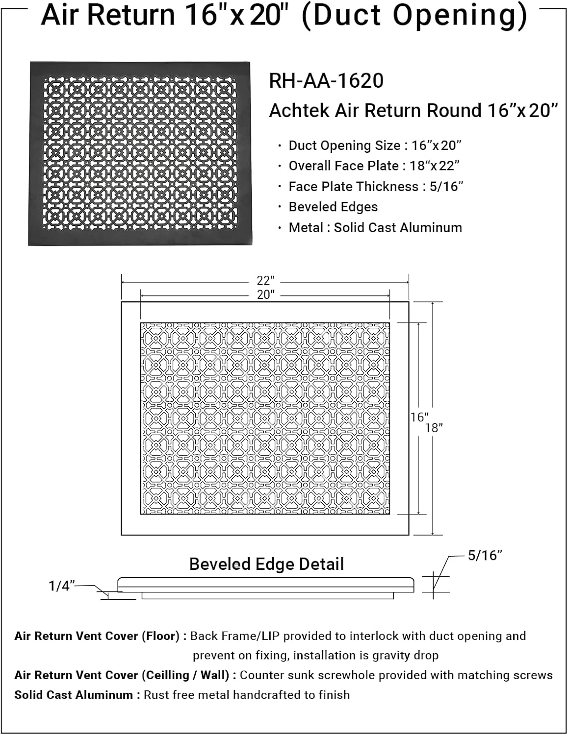 Achtek 16"x20" Duct (18"x22" Overall Size) Solid Cast Aluminum HVAC Air Return Grill Vent Cover | Powder Coated | for Floor-White Without Screw Holes