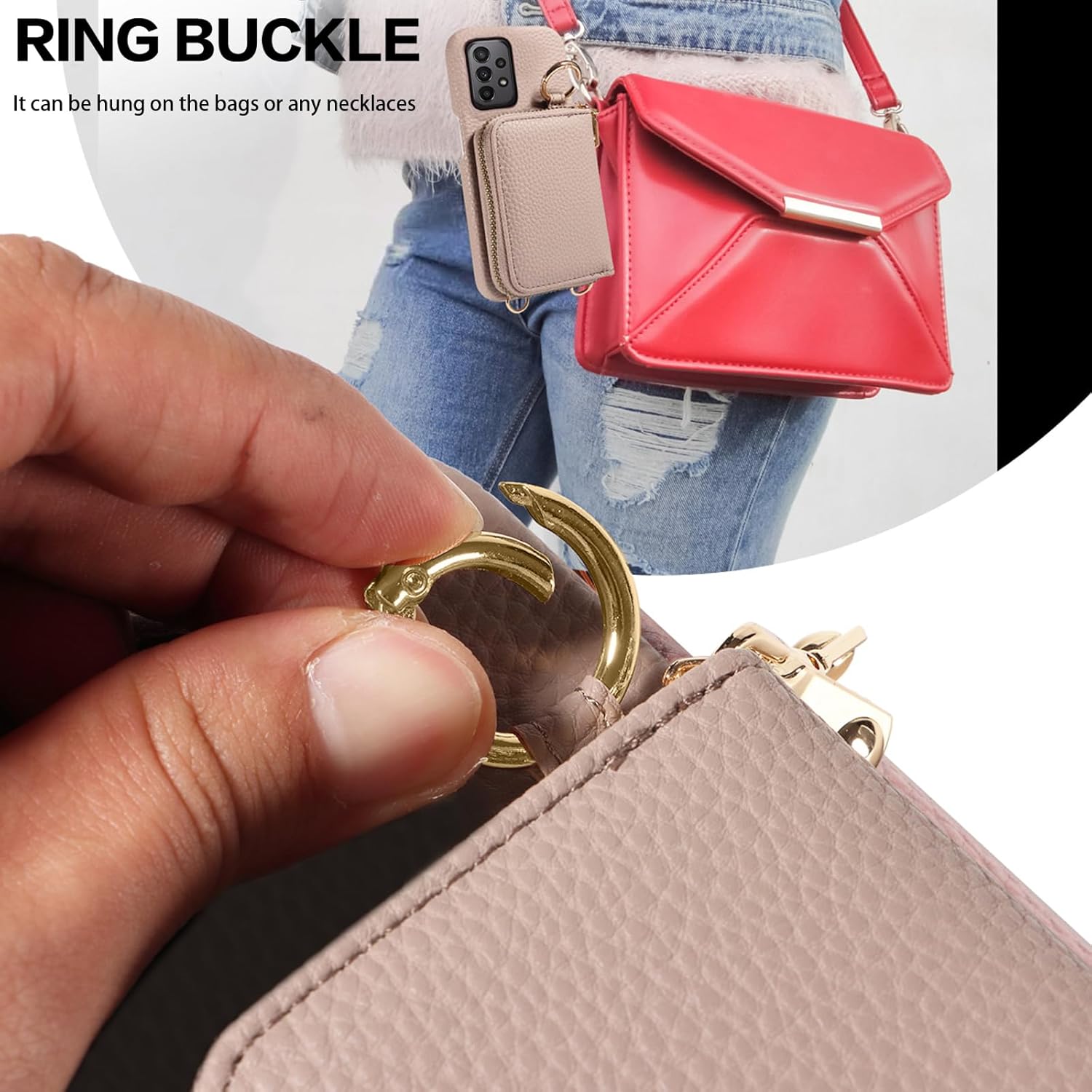 Wallet Case for Samsung Galaxy A32 5G 2021 6.5 inch with Shoulder Strap Ring Buckle, Zipper Flip Organ Purse, Credit Card Holder Stand Phone Cover for M32 G5 A 32 32A S32 SM-A326U A326U Khaki